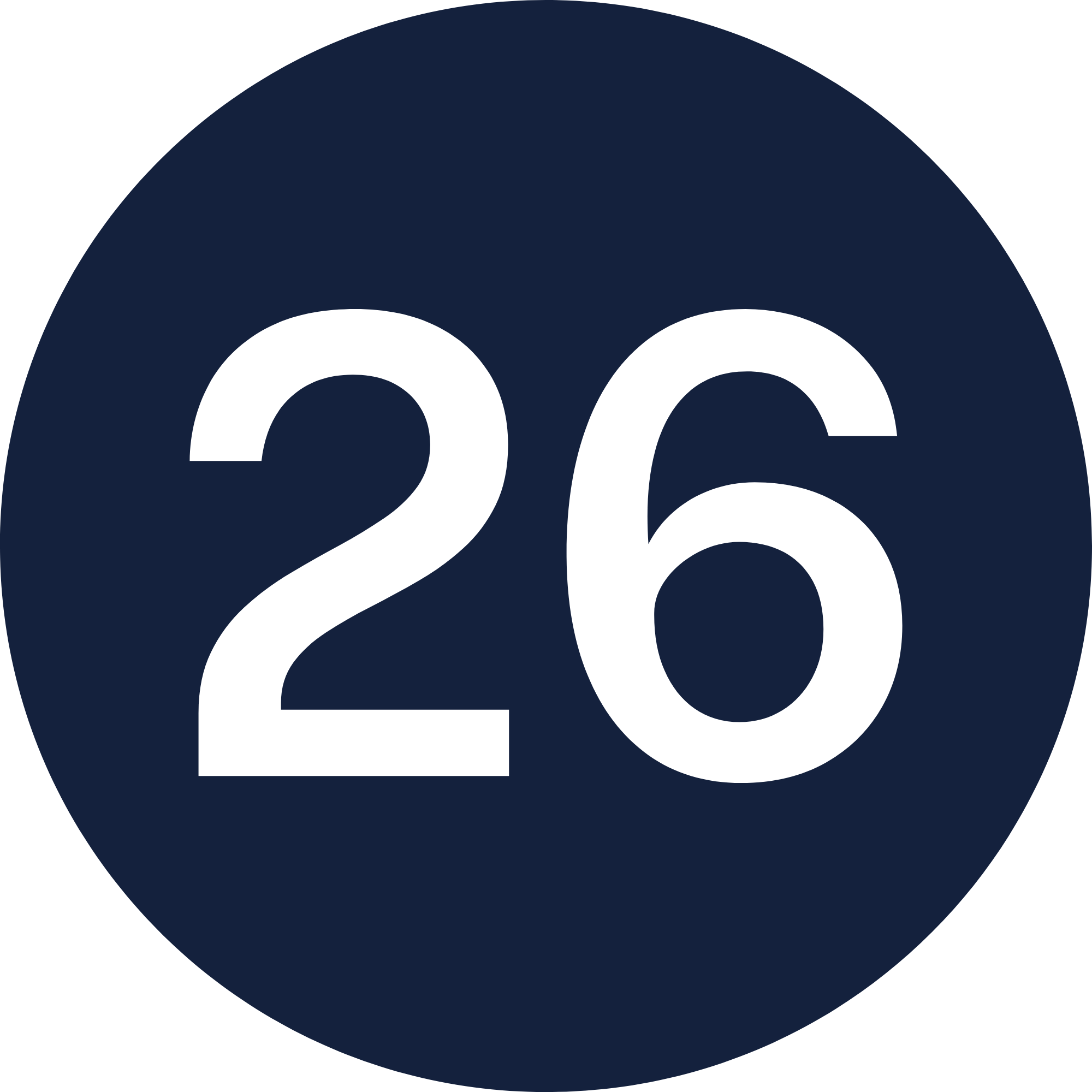 26 years icon in dark blue circle.