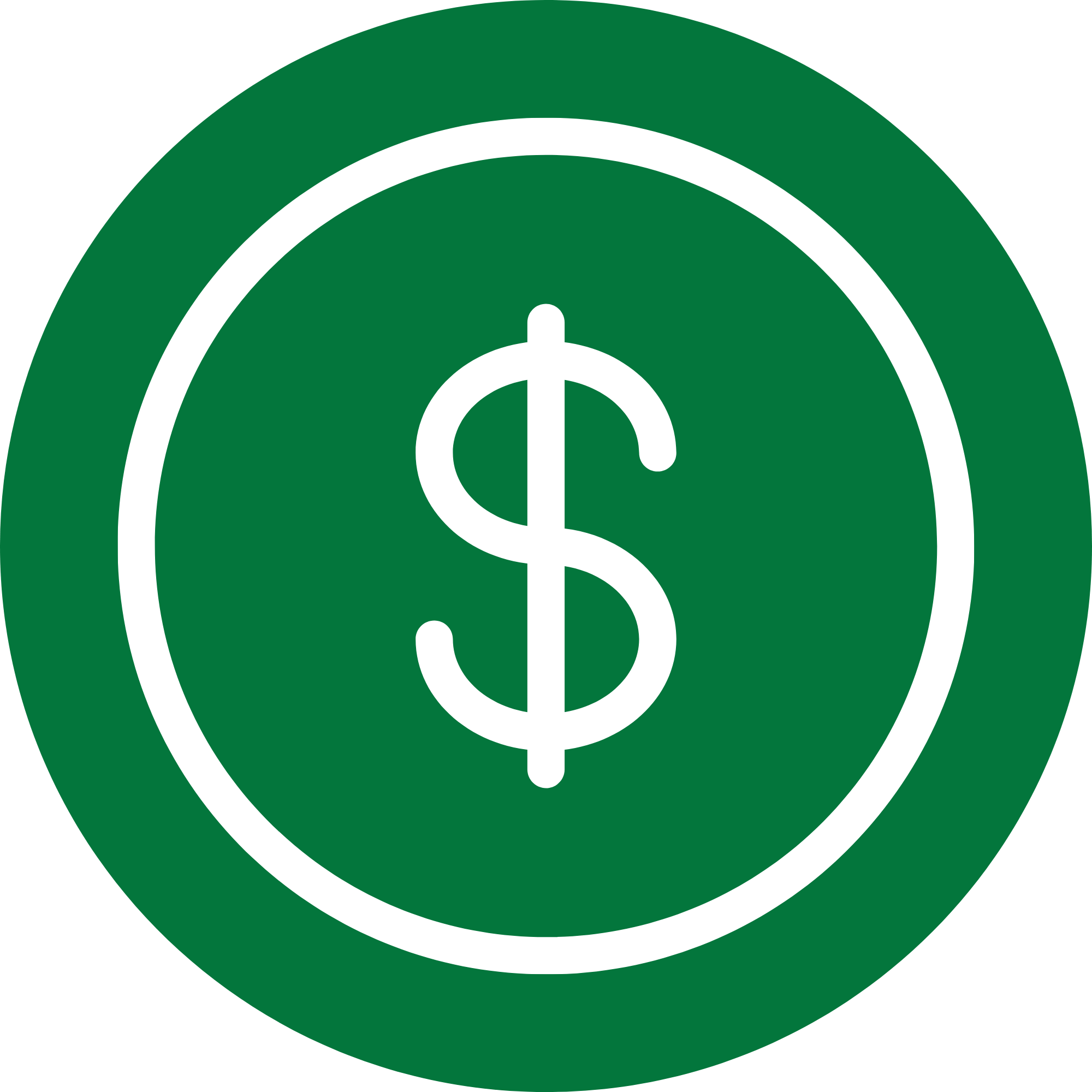 Green and white circular symbol with a dollar sign in the centre.