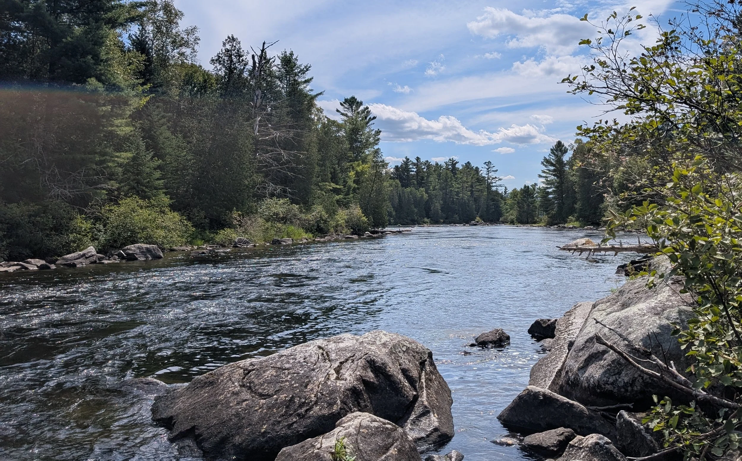 A river flowing through a forested area under a partly cloudy sky, with rocks along the riverbank and trees on both sides.