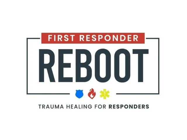 First Responder Reboot logo with icons of a police badge, fire flame, and medical star of life, promoting trauma healing for responders.