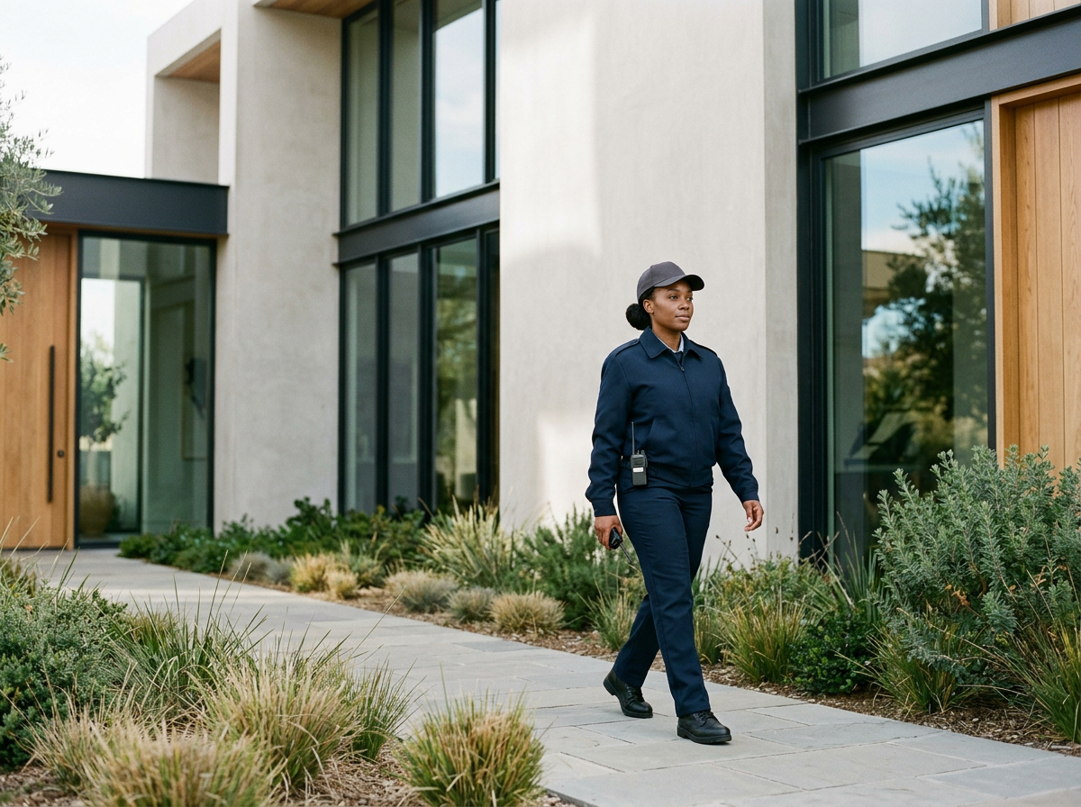 A female security guard walking along a sidewalk in front of a modern residential building with large windows and wooden accents.