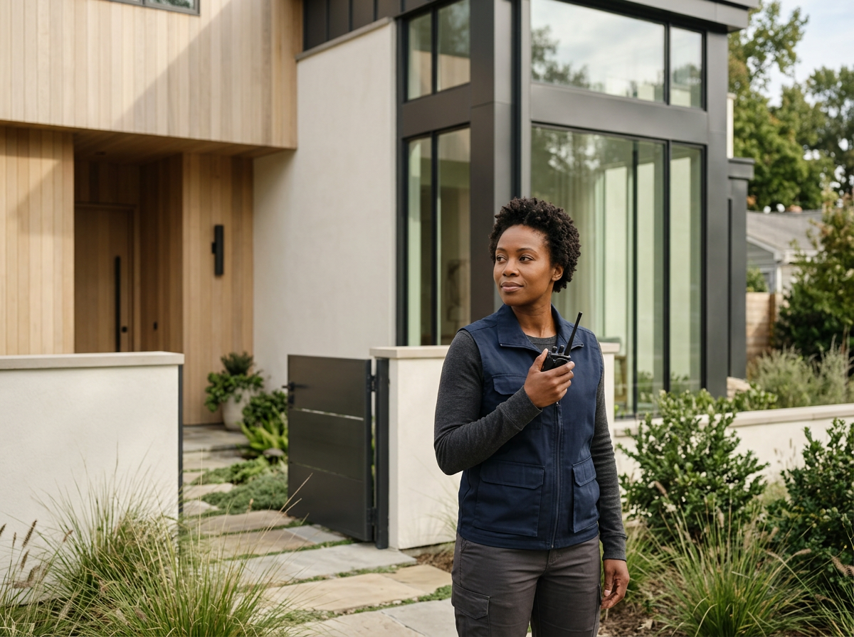 A woman stands outside a modern house, holding a walkie-talkie, wearing a navy vest and gray pants.