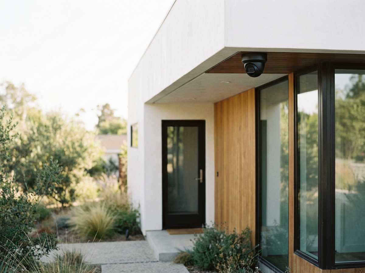 Modern house exterior with wooden accent wall, glass sliding door, and security camera under the overhang, surrounded by landscaped greenery.