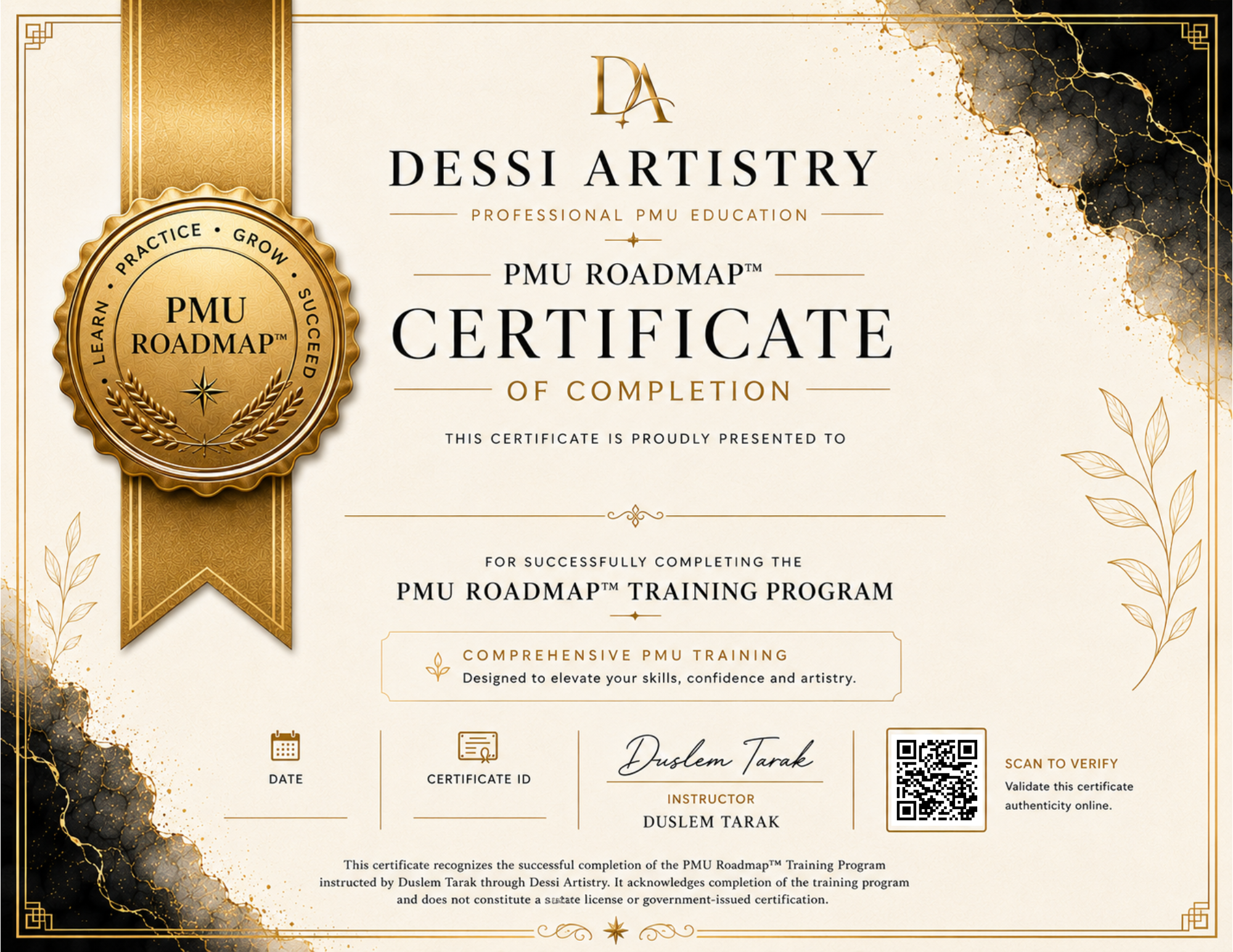 Gold and black Dessi Artistry PMU Roadmap Certificate of Completion.