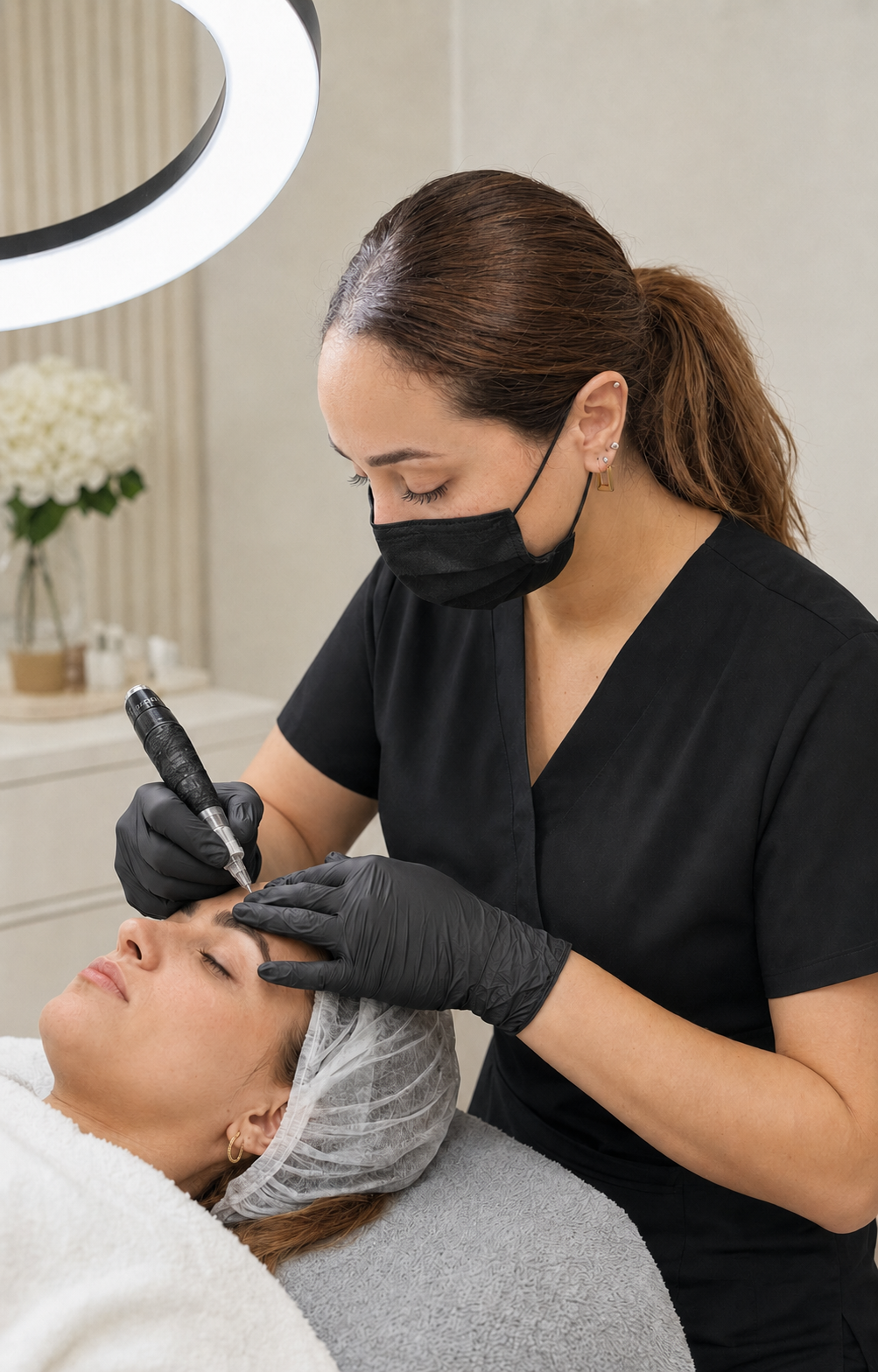 Permanent makeup artist performing an eyebrow procedure on a client in a professional beauty studio.