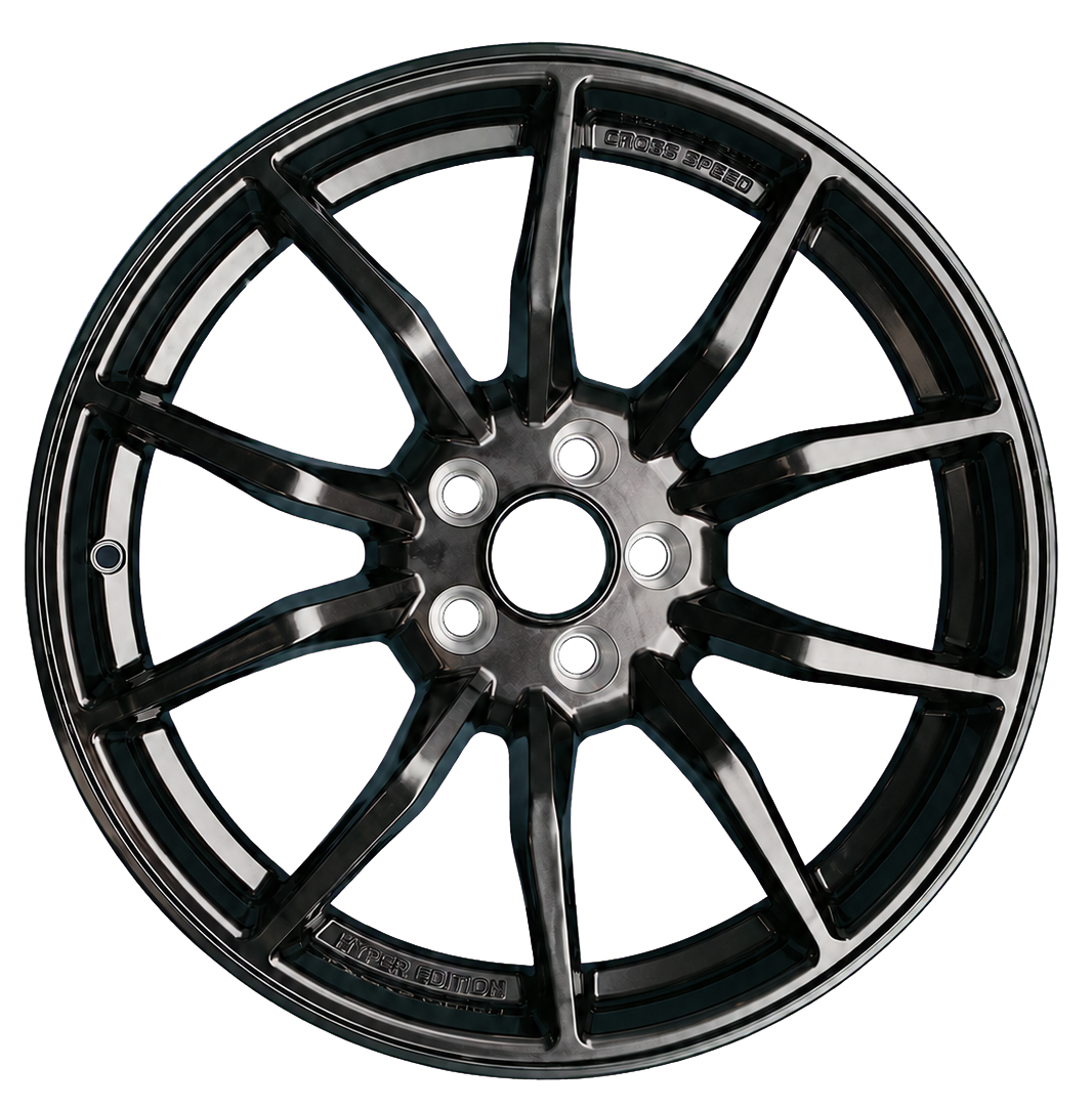 A black alloy wheel with multiple spokes, labeled 'Hyper Edition' and 'Cross Speed', isolated on a black background.