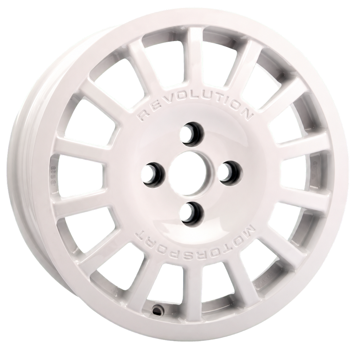 A white plastic wheel rim with the word 'REVOLUTION' engraved on it, featuring multiple spokes and black lug nut holes.