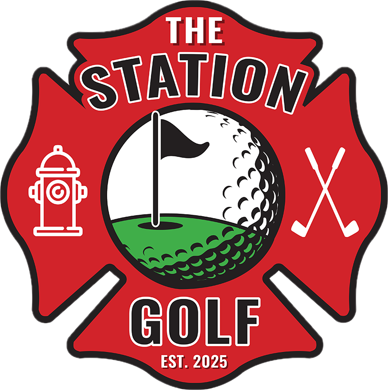 A red badge-shaped logo for The Station Golf, established in 2025, featuring a golf ball with a flag on a green, a fire hydrant, and two crossed golf clubs.