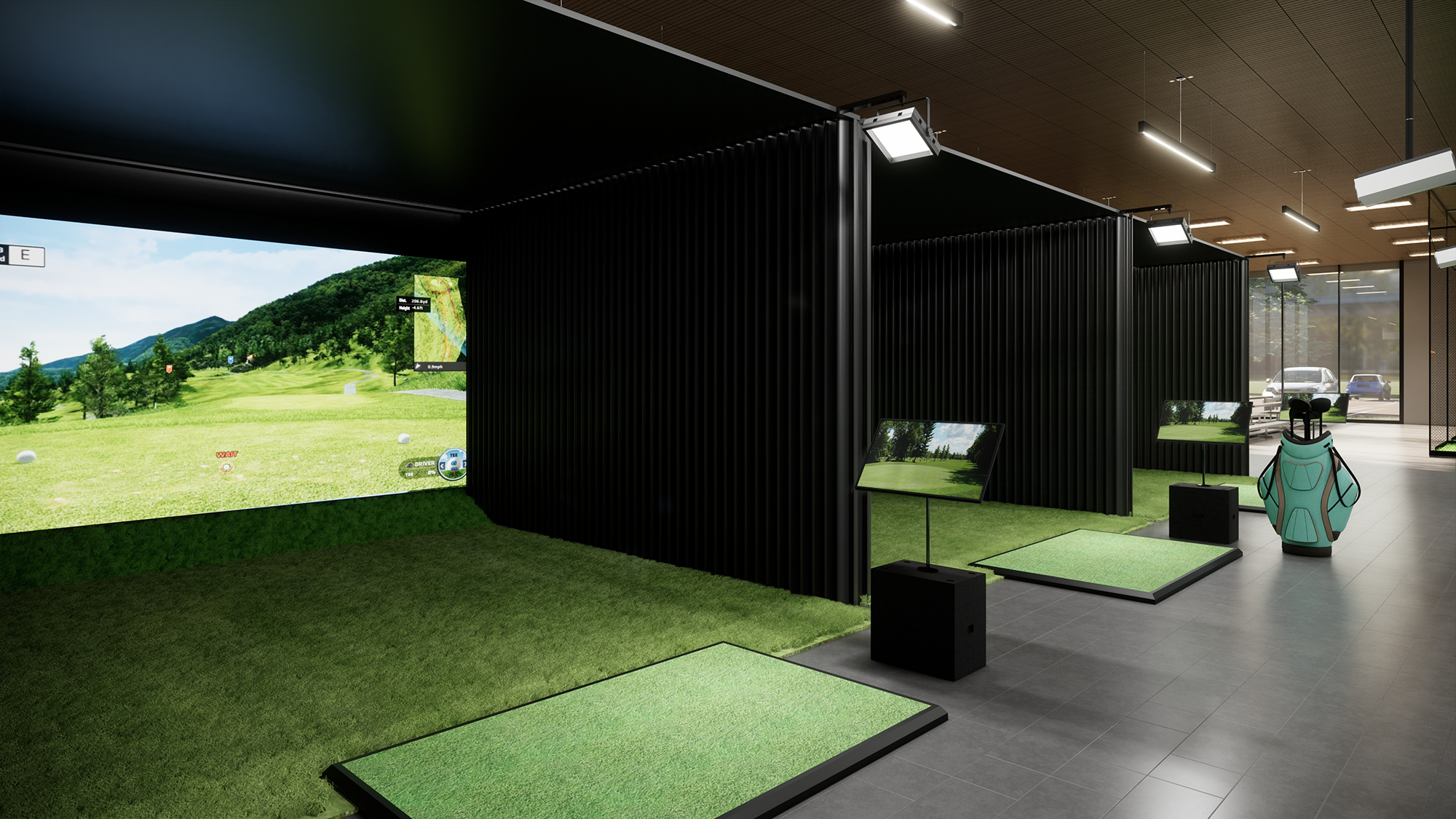 Indoor golf simulator setup with multiple high-definition screens displaying a golf course and game interface, black privacy screens, golf club bag, and artificial turf mats.