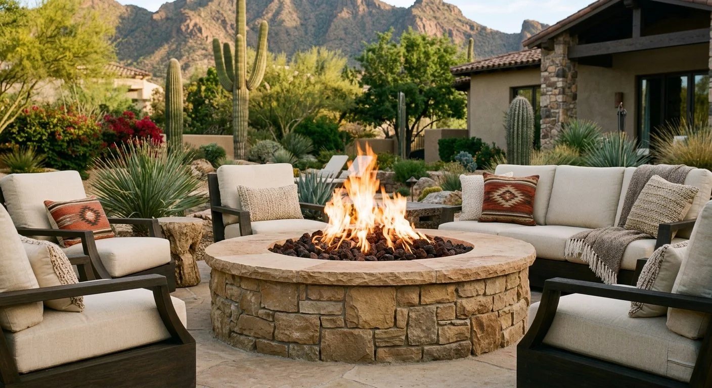 A cozy outdoor seating area with a stone fire pit in the center, surrounded by cushioned chairs and sofas with decorative pillows. Desert plants and mountains are visible in the background.
