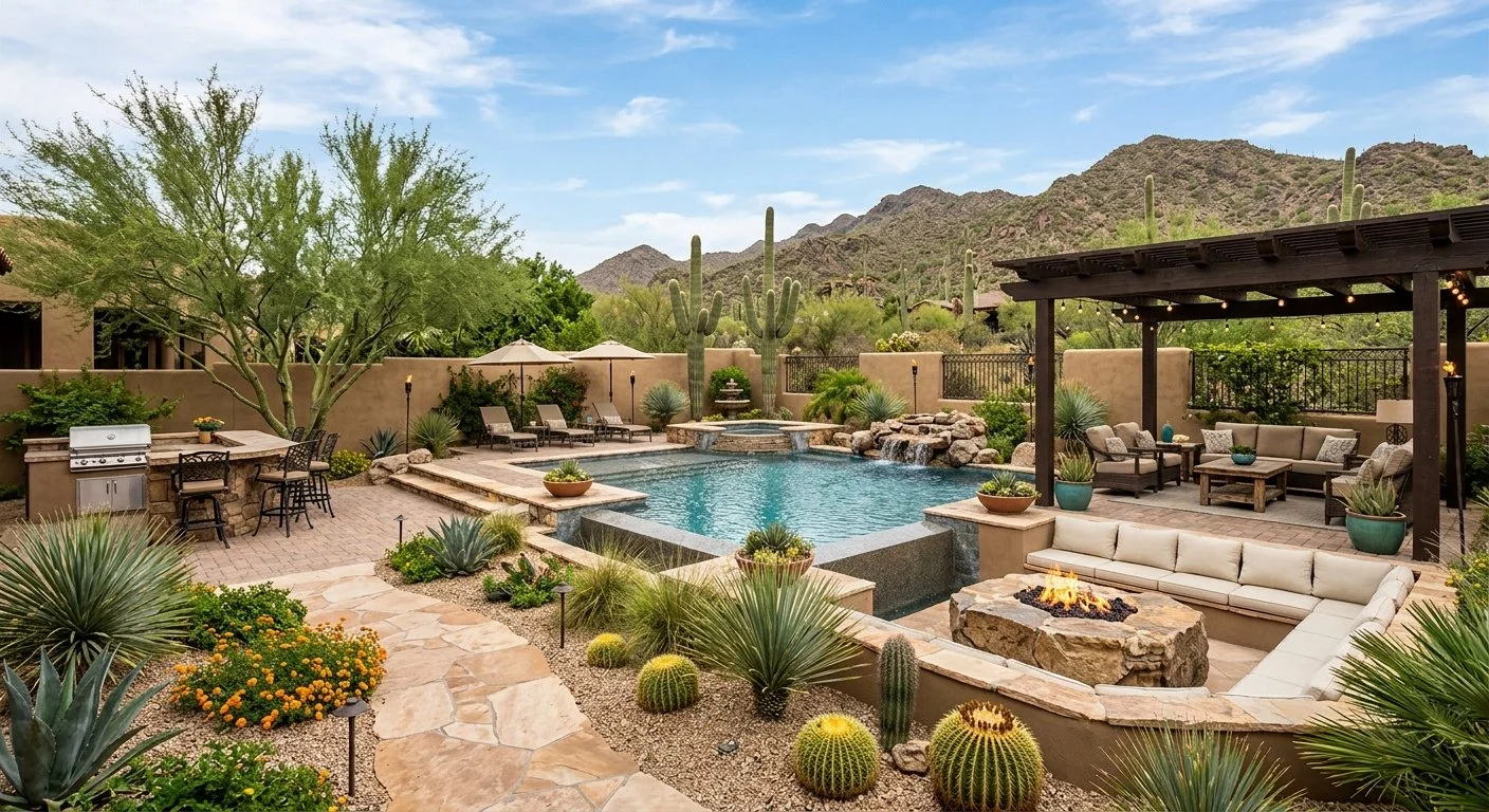 A backyard with a swimming pool, desert plants, and mountainous background, featuring a covered seating area with outdoor furniture and a fire pit.