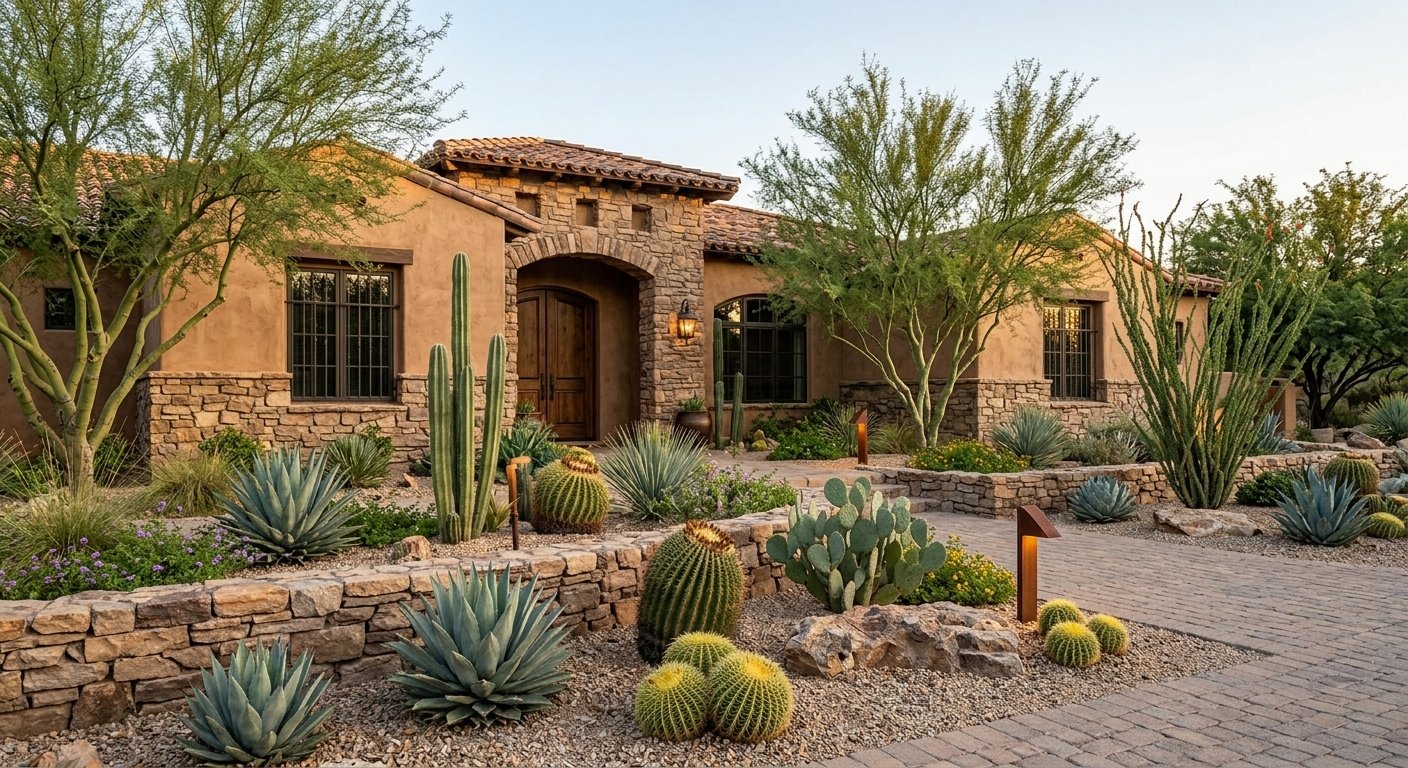 Desert style house with stucco walls, stone accents, arched wooden door, surrounded by desert landscaping including cacti, agave plants, and small bushes, with a brick pathway leading to the entrance.