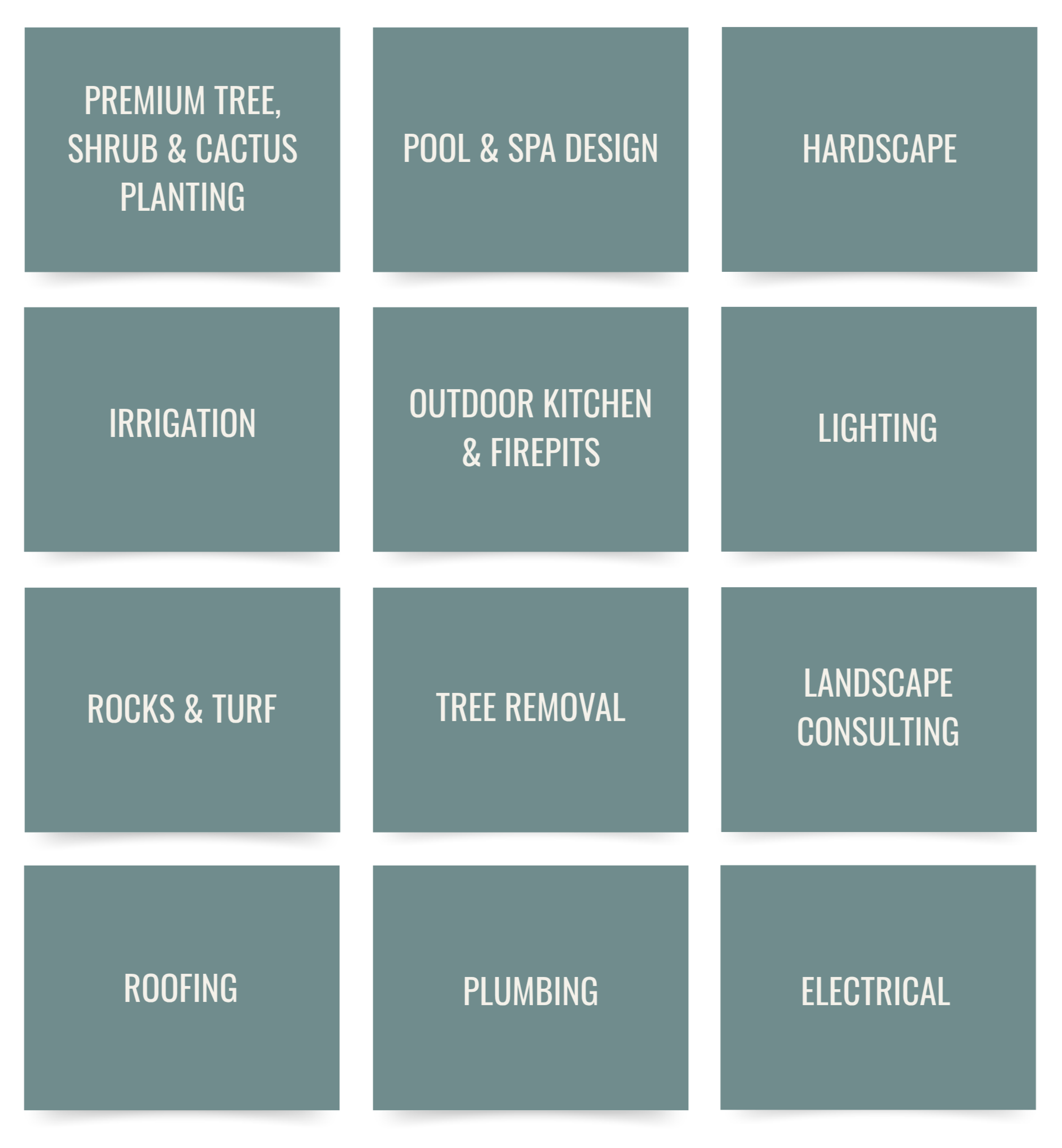 A diagram showing different landscaping services divided into categories: Premium Trees, Shrub & Cactus Planting; Pool & Spa Design; Hardscape; Irrigation; Outdoor Kitchen & Firepits; Lighting; Roofing; Tree Removal; Plumbing; Electrical.
