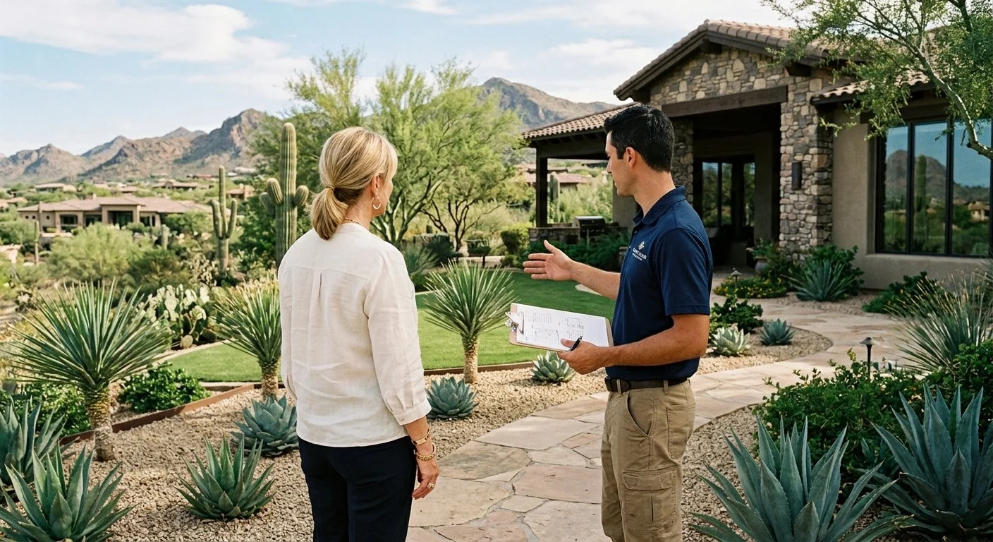A man and a woman having a conversation outside a house with desert-style landscaping, including cacti and succulent plants, in a mountainous area.
