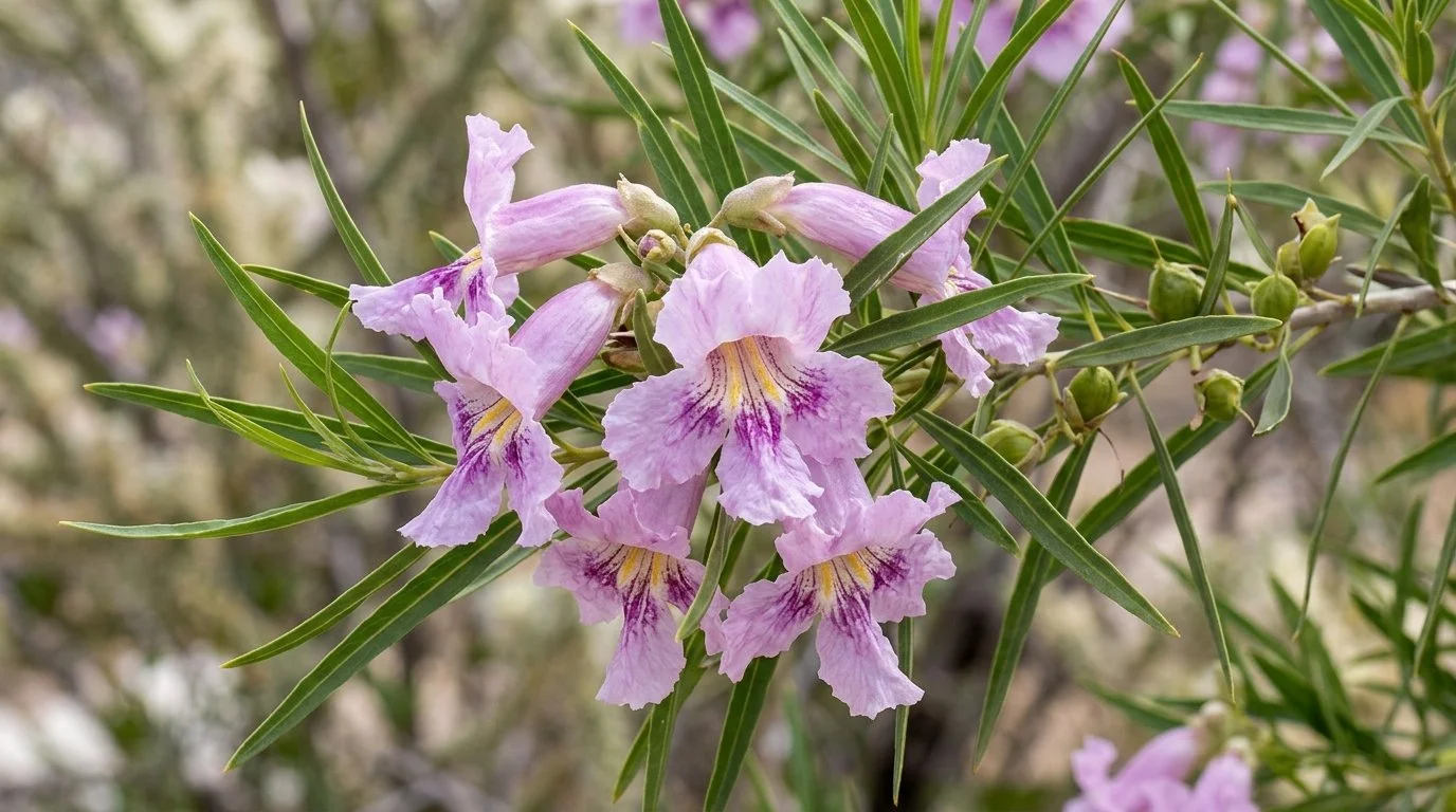 Close-up of a cluster of pink and purple flowers with long, narrow green leaves.