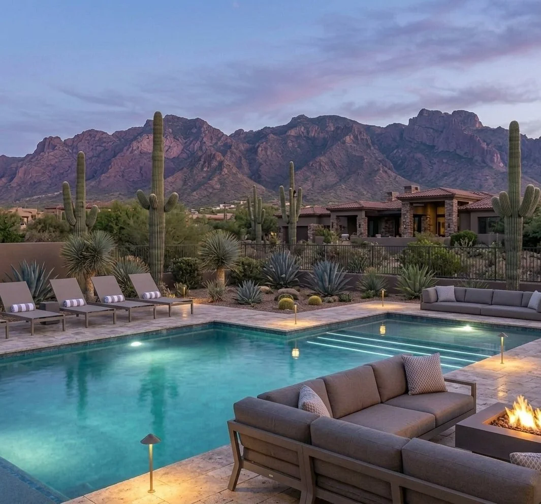 Luxury backyard with a swimming pool, outdoor lounge chairs, desert plants, and mountains in the background during dusk.