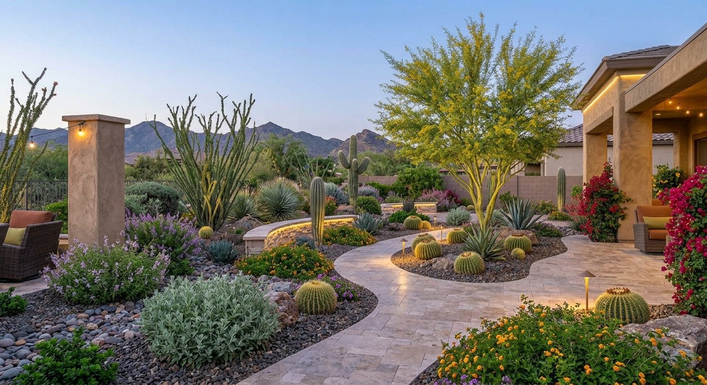 Beautiful desert garden with cacti, succulents, and a large green tree, surrounded by a stone pathway and outdoor seating, mountain range in the background during dusk.