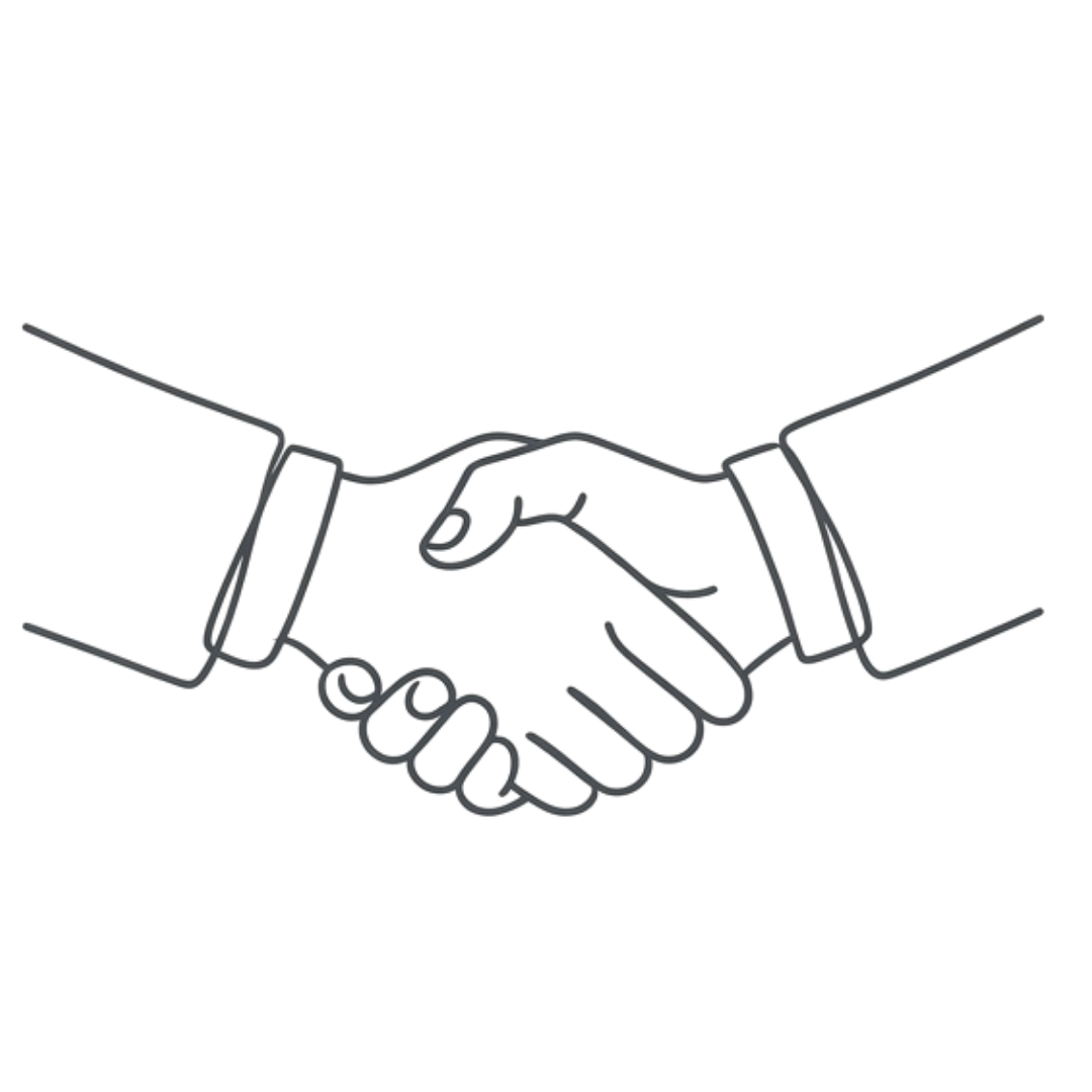 Line drawing of two hands shaking, wearing business suits.