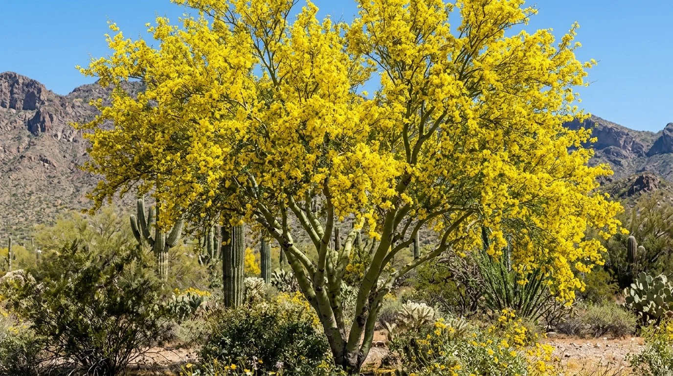 Yellow-flowered tree in a desert landscape with cacti and mountains in the background under a clear blue sky.