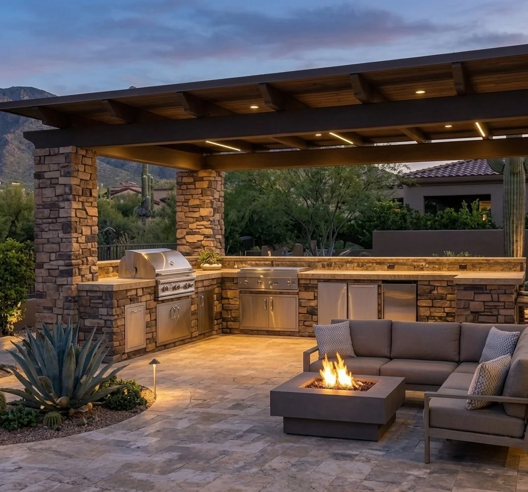 Outdoor kitchen and seating area with a fire pit in a desert landscape.