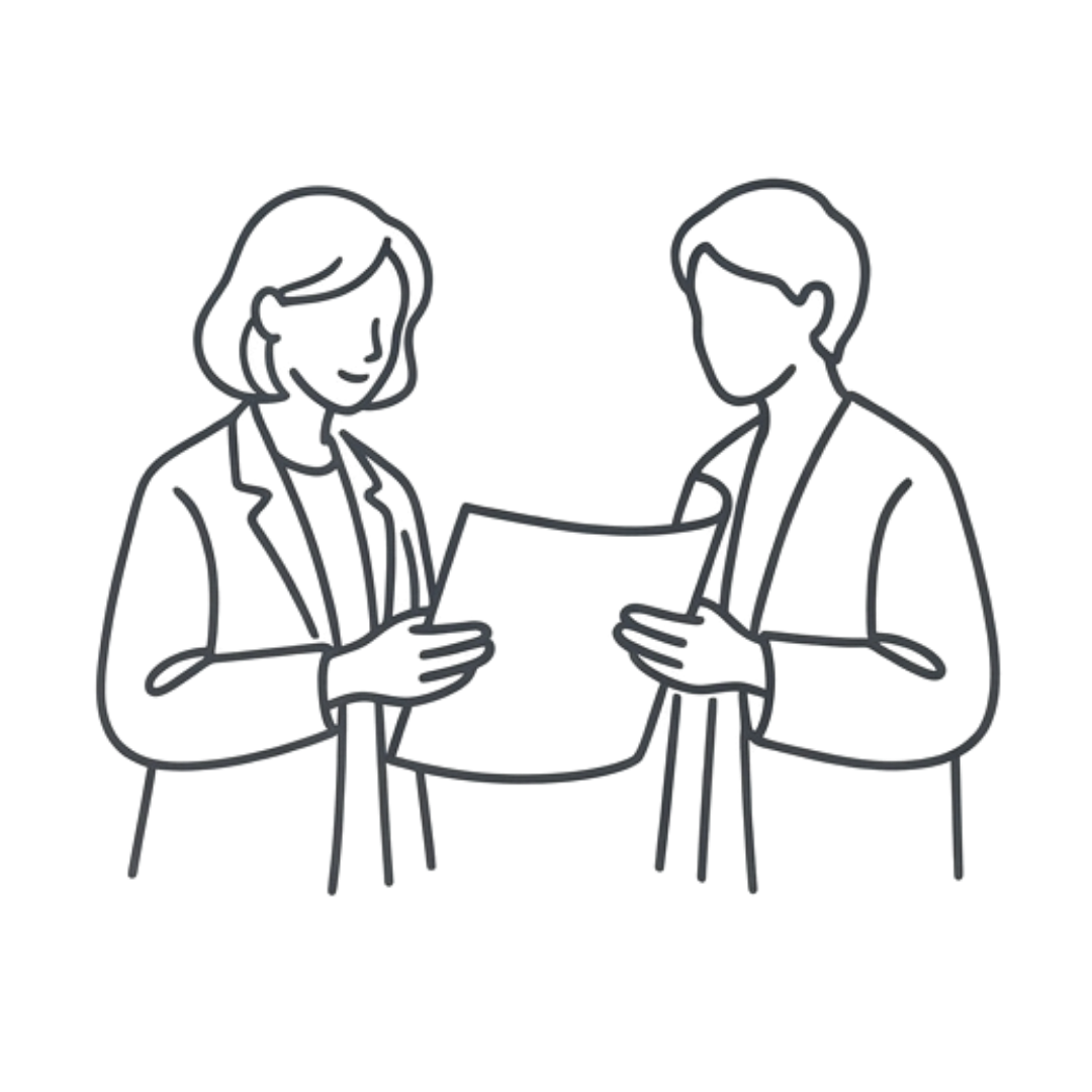 Line art illustration of a man and woman in business attire talking and holding a tablet, with speech bubbles behind them.