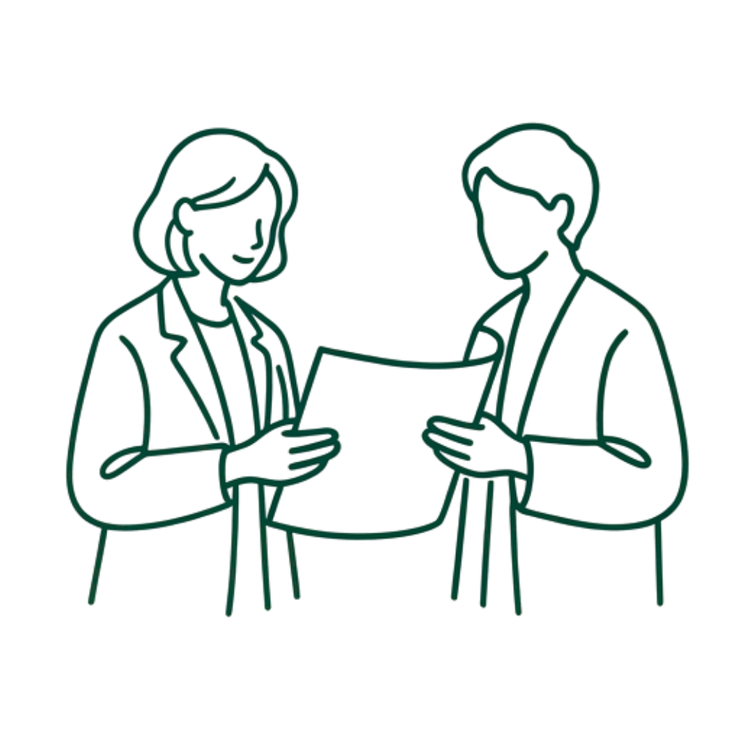 Two professionals, a woman and a man, exchanging a document or a tablet in a business setting.