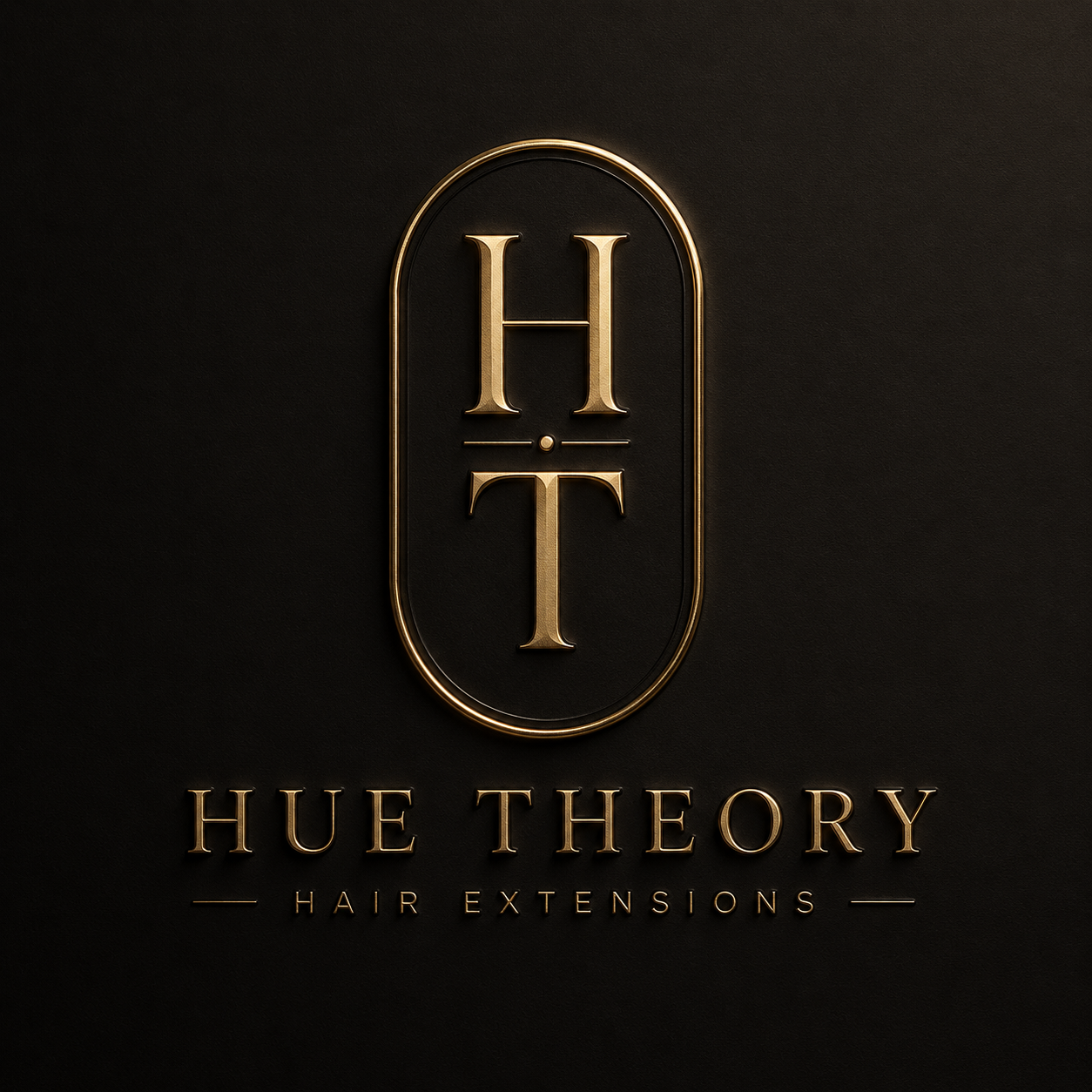 Logo for Hue Theory Hair Extensions with a gold emblem featuring the initials H and T, and the words 'Hue Theory' and 'Hair Extensions' beneath.