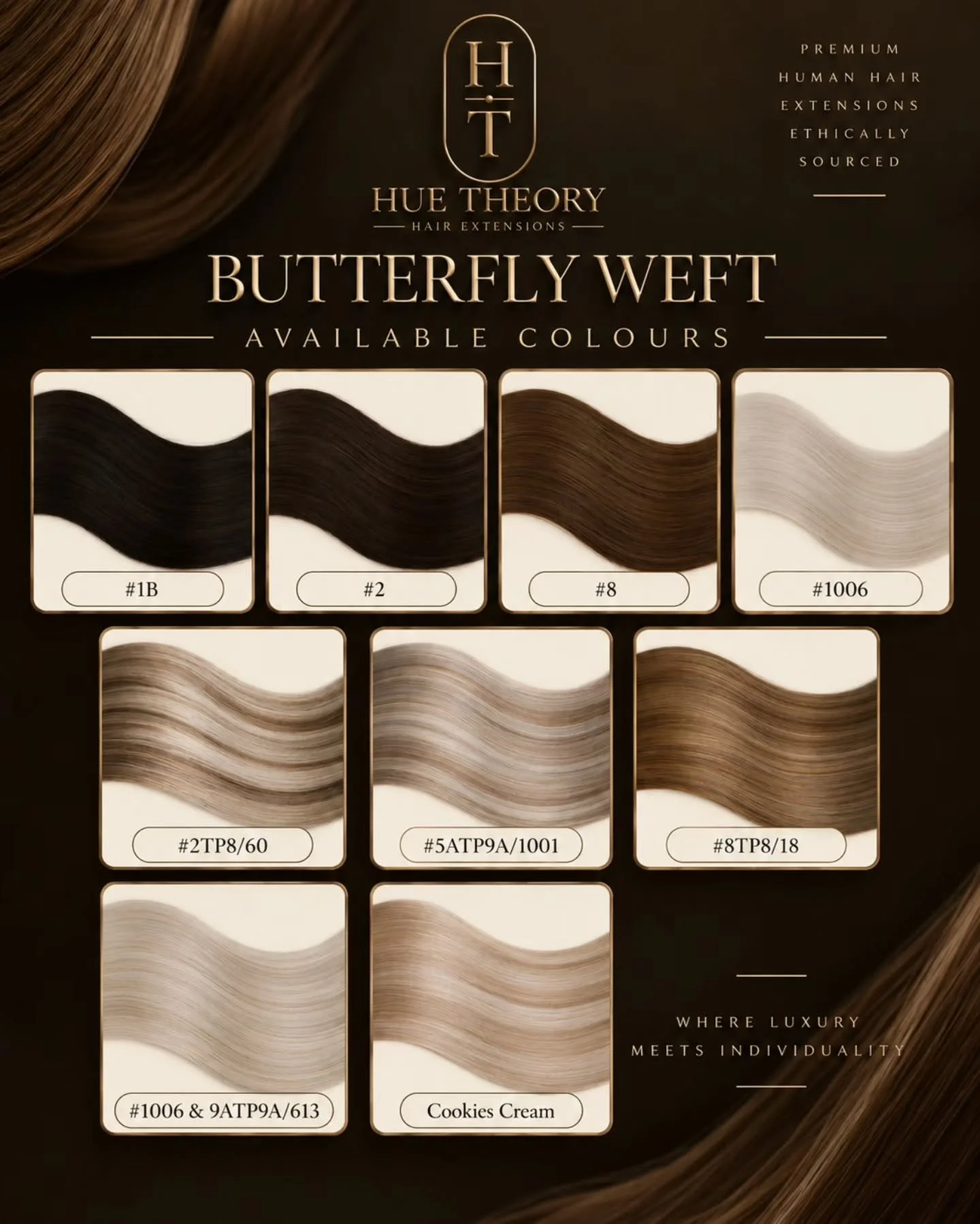 Hue Theory Luxe Butterfly Weft offering seamless integration in beautiful hues 
Custom colours available upon application 

#butterflyweft #HairExtensions #blondehair #weftextensions #premiumhairextensions