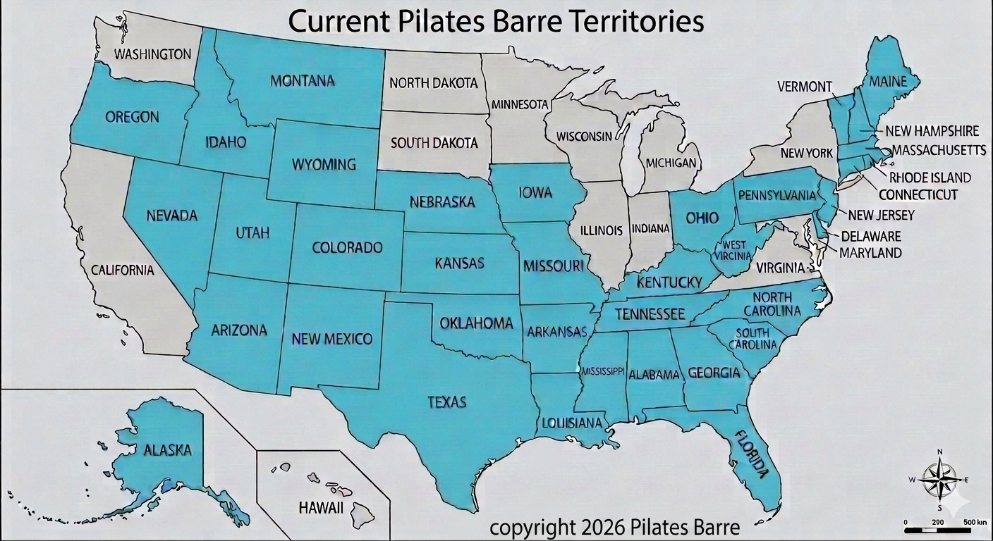 Map of the United States showing states where Pilates Barre is current, with most states shaded in blue and some in white. States with Pilates Barre are labeled with names like California, New York, Illinois, Texas, etc. The title at the top reads 'Current Pilates Barre Territories.' A compass rose and a scale bar are located in the bottom right corner. Copyright information is included at the bottom.