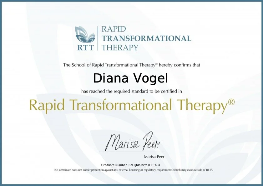 Certificate from the School of Rapid Transformational Therapy awarded to Diana Vogel, signed by Marisa Peer.