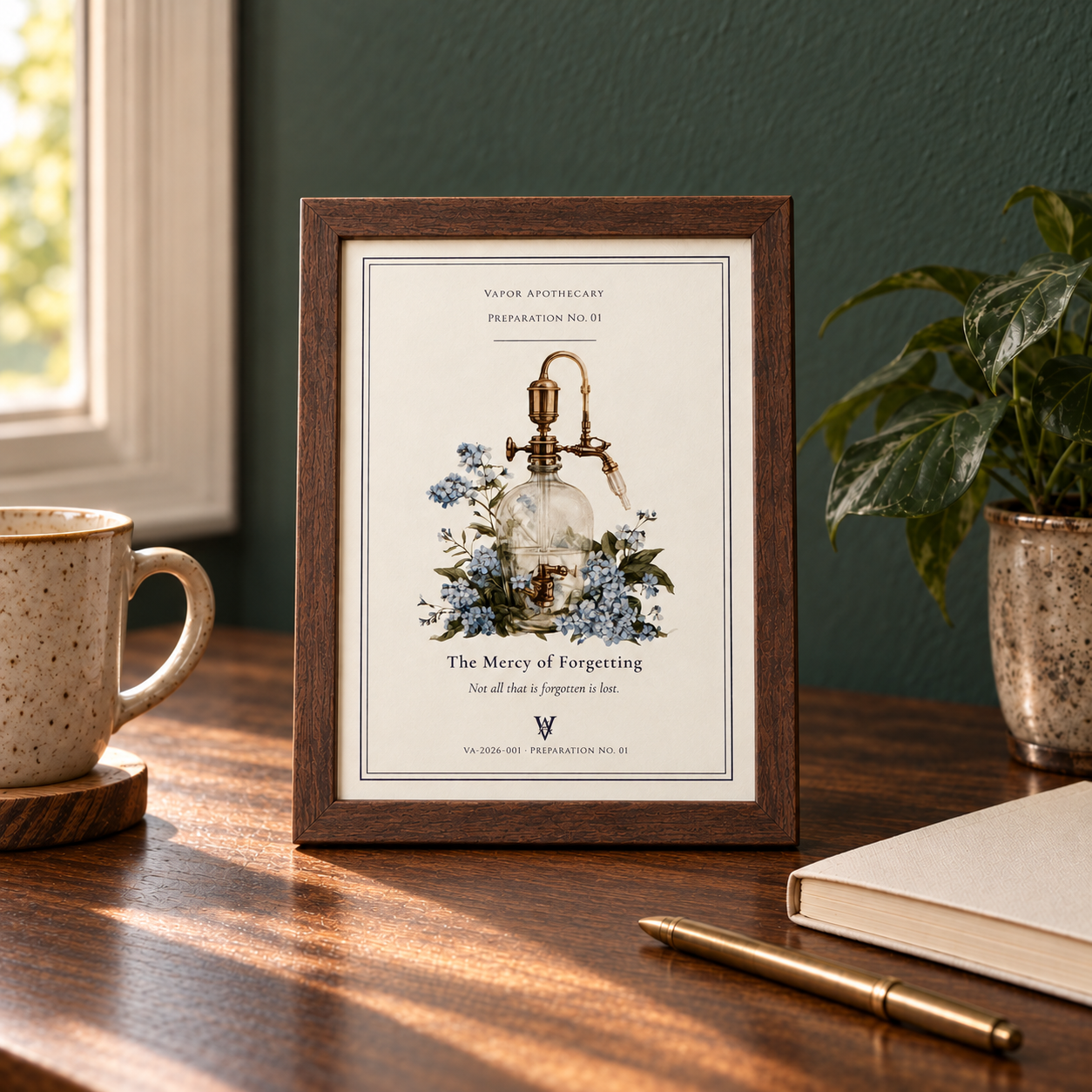 AI-generated display mockup of the 5 × 7-inch Mercy of Forgetting Preparation Card in a small walnut frame on a desk beside a cup, notebook, and pen. Frame and props shown for display.