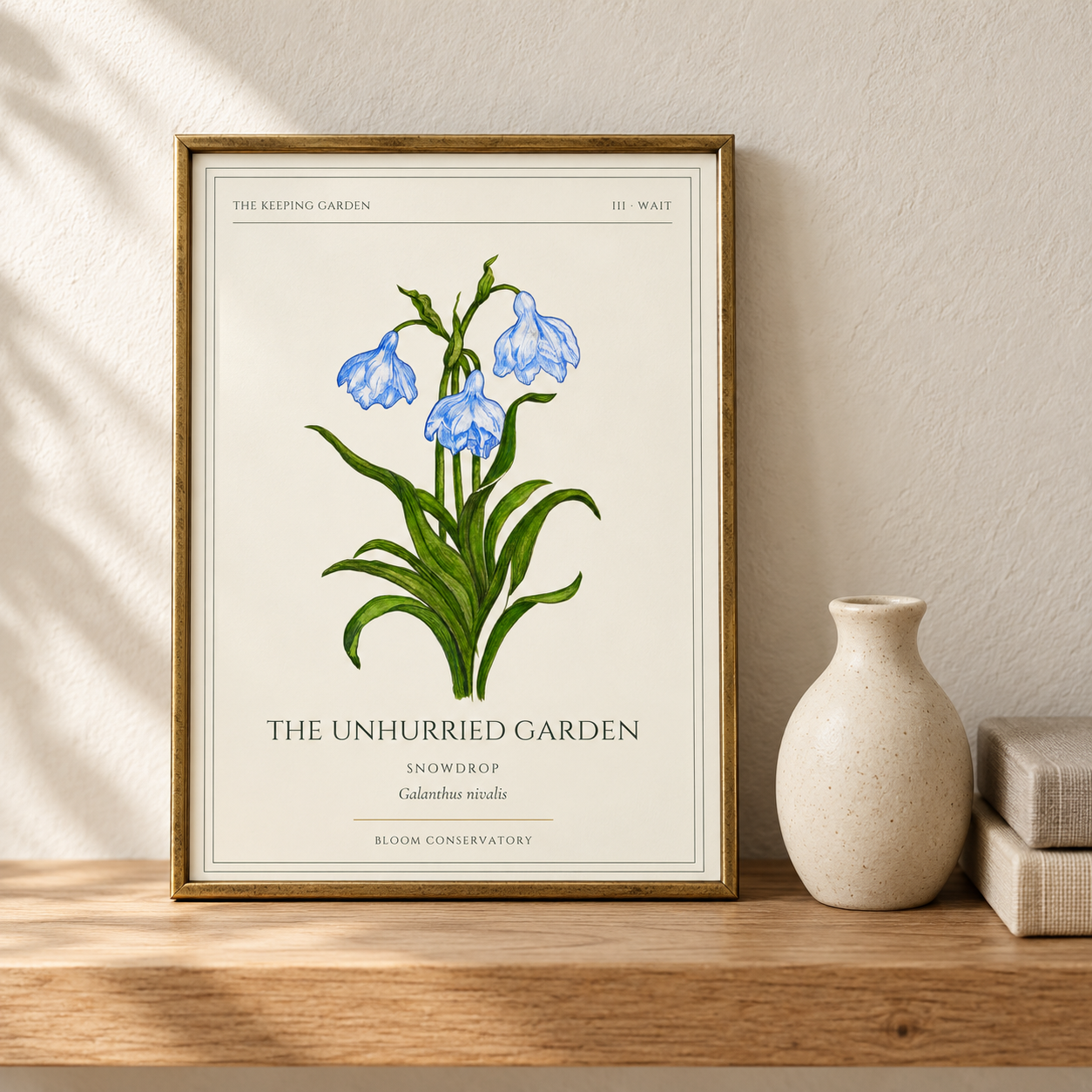 Brass-Framed Botanical Print on Oak Shelf-2.png