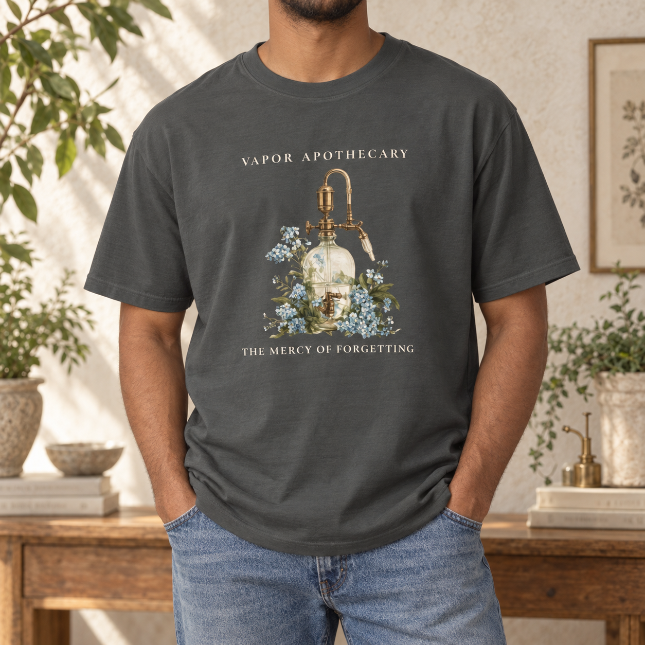 The Mercy of Forgetting T-shirt in Pepper, worn front-view mockup