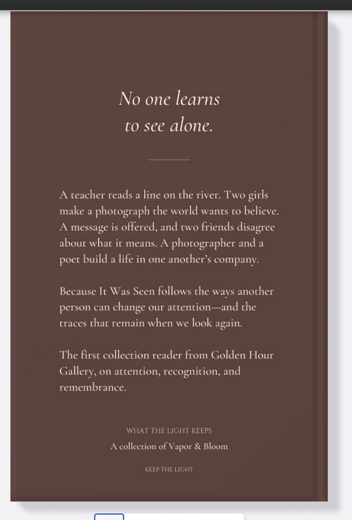 Back cover of Because It Was Seen with the line No one learns to see alone and the Golden Hour Gallery collection description.