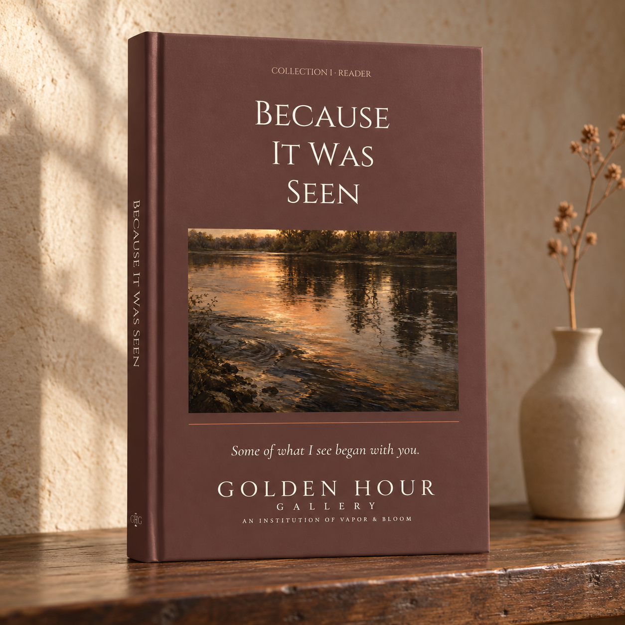 Because It Was Seen hardcover reader with the approved dark cover and golden river artwork.