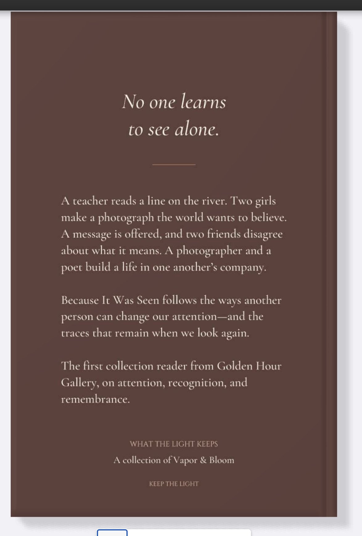 Back cover of Because It Was Seen, with the line “No one learns to see alone” and a description of the Golden Hour Gallery reader on attention, recognition, and remembrance.