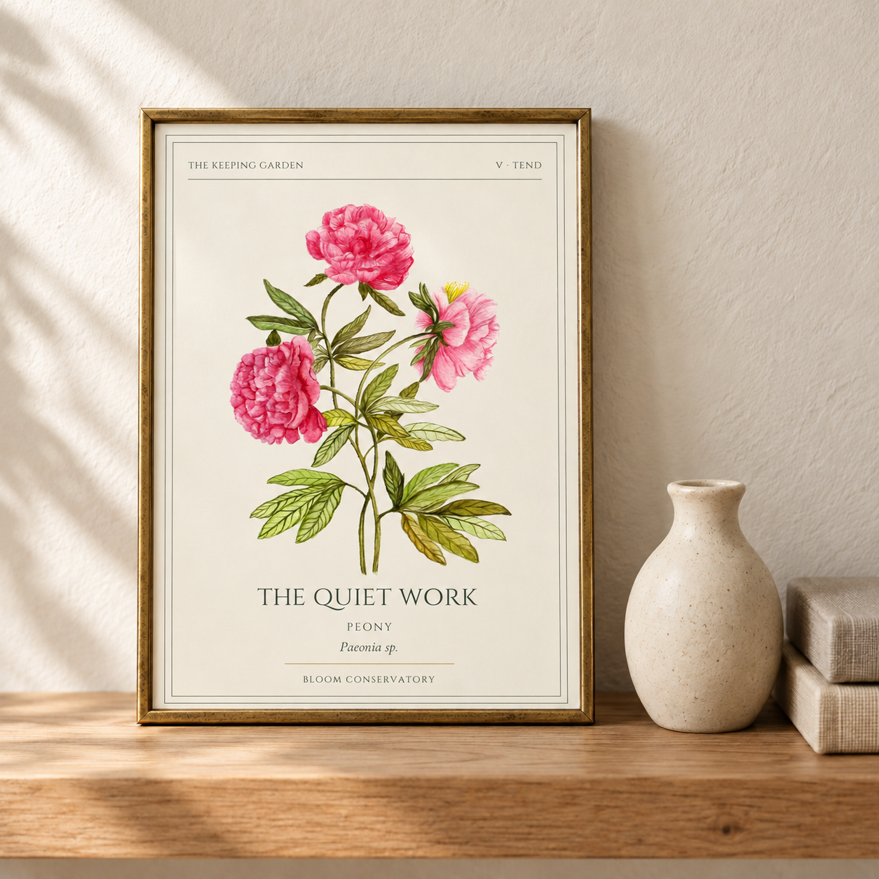 Framed peony print on an oak shelf-1.png