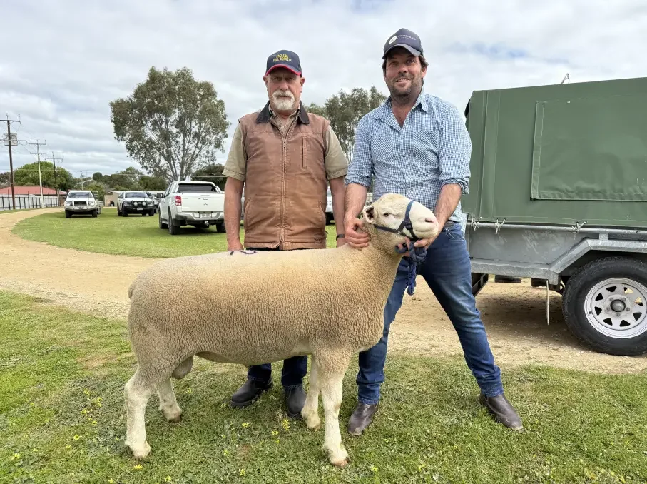Kreeside stud manager Peter Williams, Mount Torrens paid a $11,000 stud record for Wrattenbullie stud's lot 2 ram being held by stud principal Brad Davies, Wrattonbully.