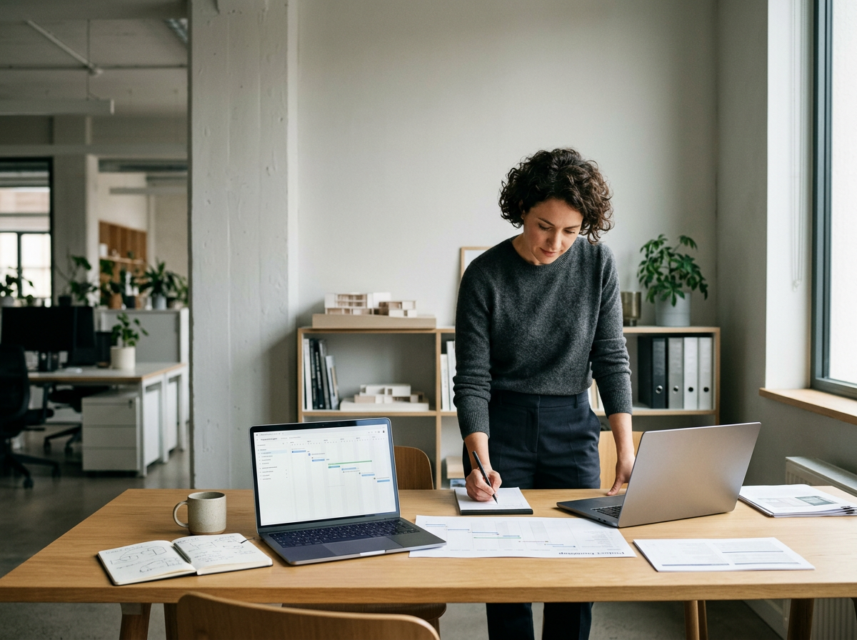 A woman working at a wooden table in an office, with laptops, documents, a notebook, and a coffee mug on the desk.