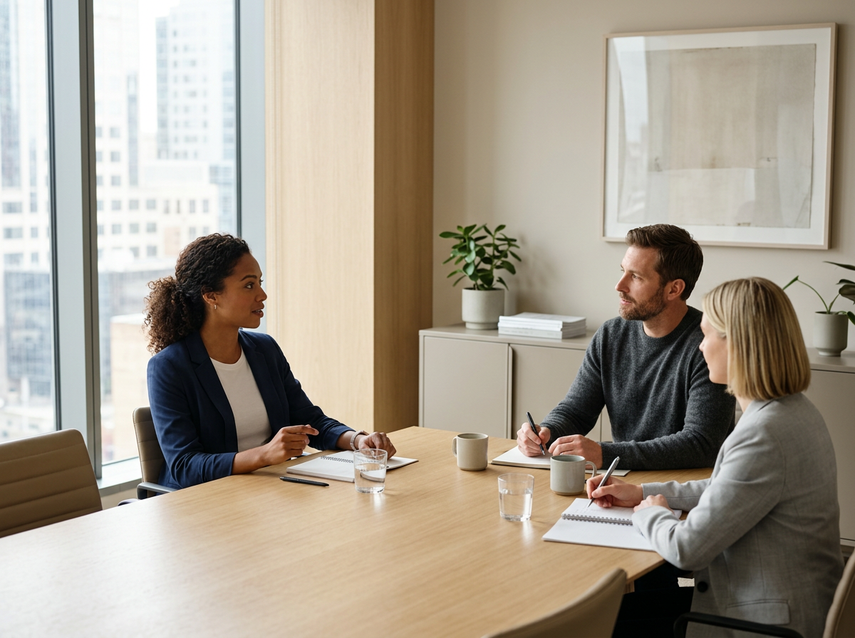 Three people engaged in a business meeting in a modern office conference room with large window.