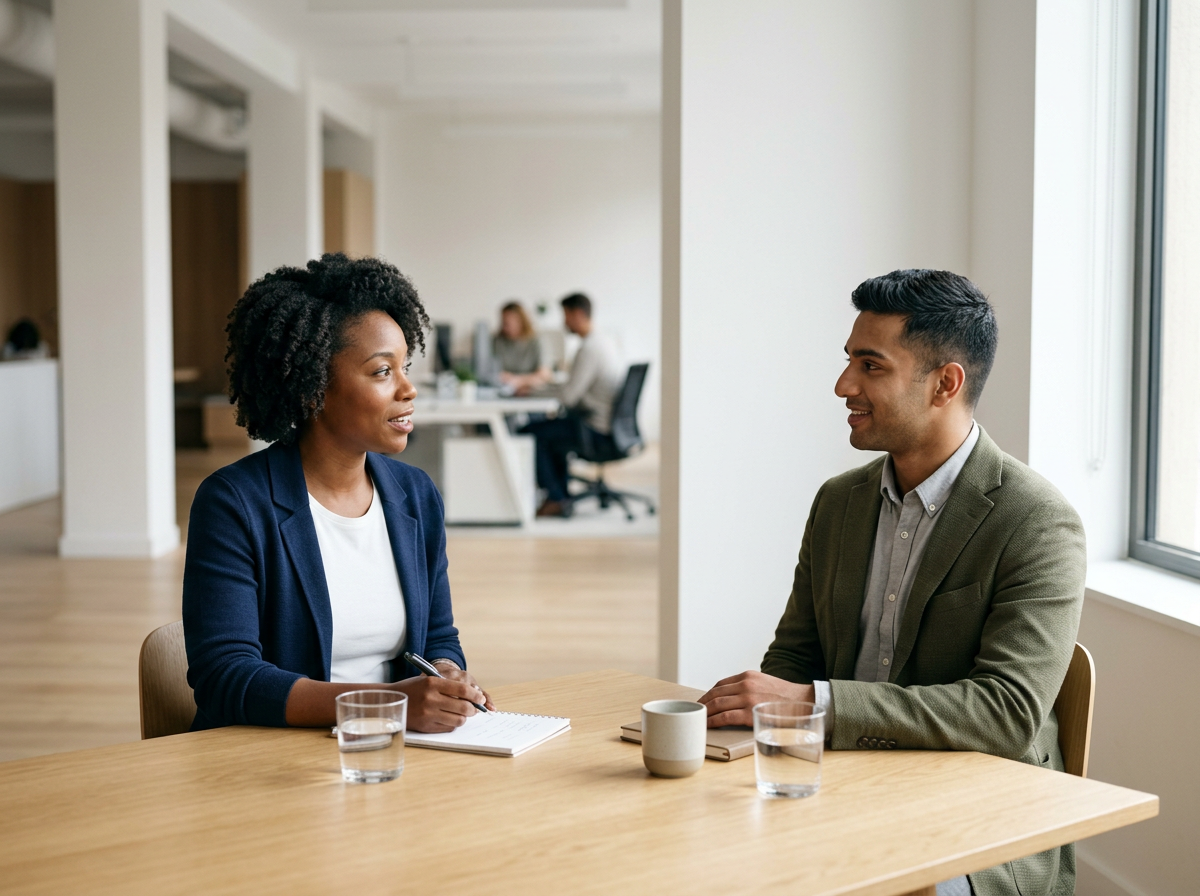 A woman and a man are sitting at a table having a conversation. The woman is taking notes in a notepad, and there are two glasses of water and a mug on the table. An office environment with other people working in the background.