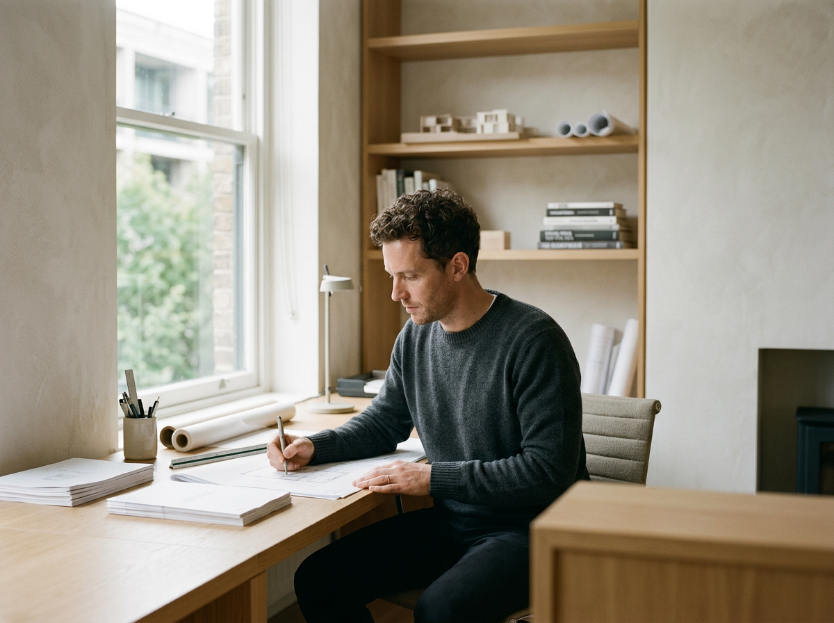 A man sitting at a desk in a well-lit room, working on blueprints or architectural plans, with stacks of paper, a pen, and a ruler on the desk, and books and architectural models on a wooden shelf behind him.