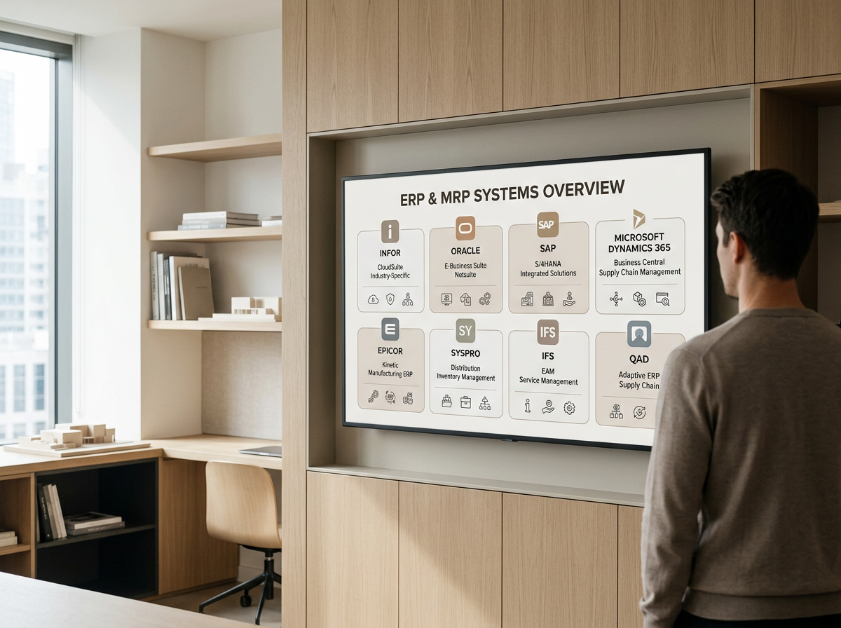 A man standing in a conference room, viewing a presentation on ERP & MRP systems overview on a large wall-mounted screen