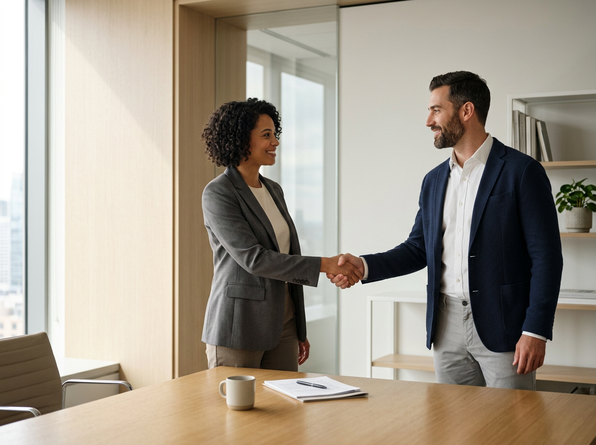 A woman and a man are shaking hands in an office, standing near a table with a notebook, pen, and mug on it. They are smiling and making eye contact.