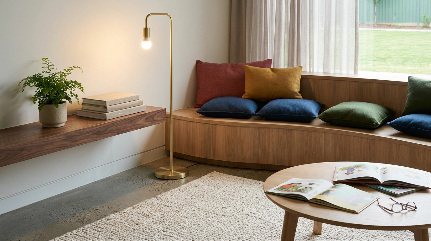Living room with a wooden curved window seat with colorful cushions, a wooden coffee table with open books, a tall gold floor lamp, a floating wooden shelf with potted plant and stacked books, beige carpet, and a window with sheer curtains showing a grassy yard outside.