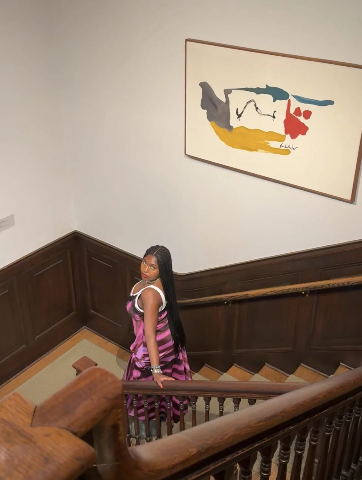 A woman in a pink and black striped dress standing on a wooden staircase with a painting on the wall behind her.