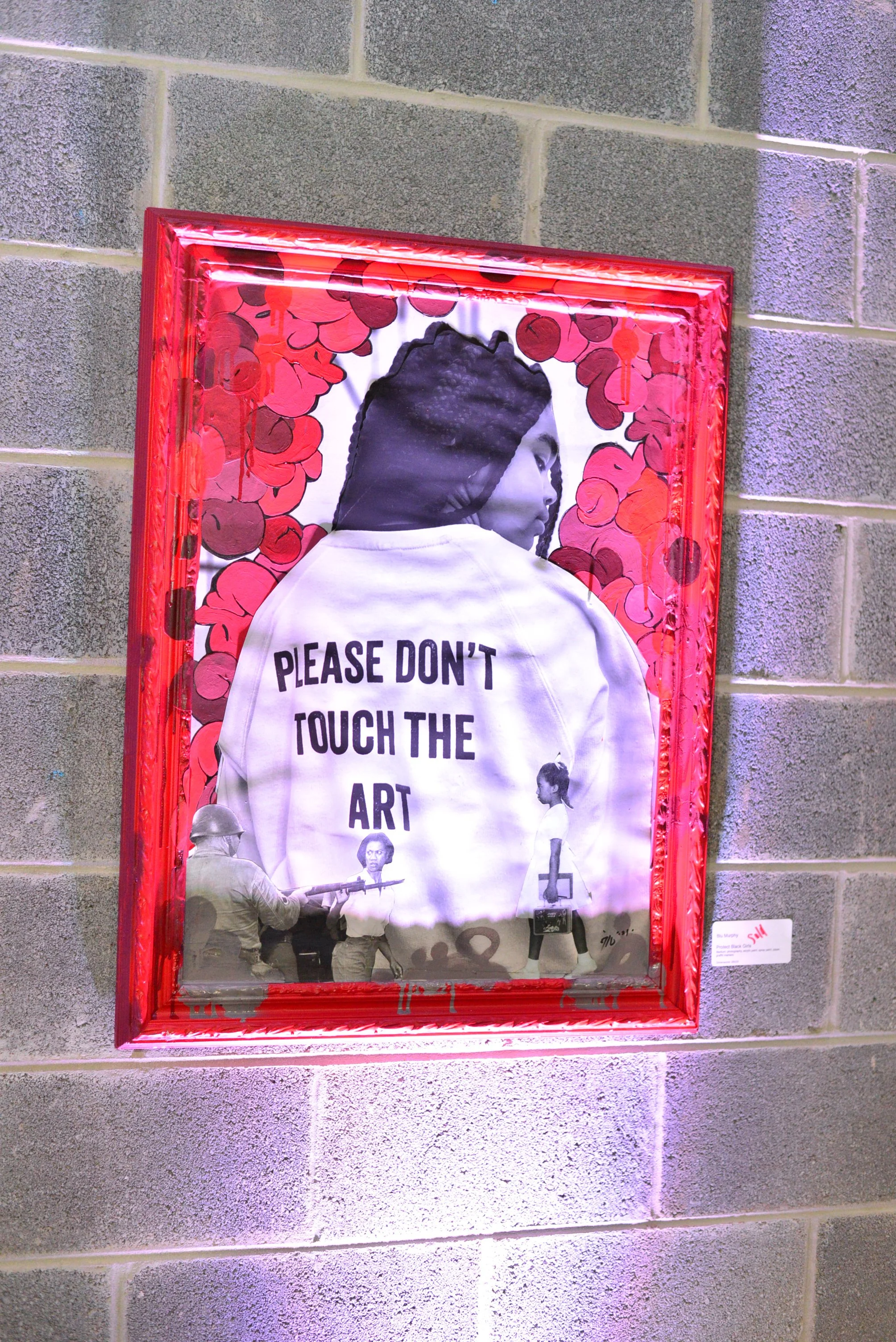 Framed black-and-white photo of a woman with braided hair surrounded by pink and red flower illustrations, with a message that says 'Please don't touch the art,' on a gray brick wall.
