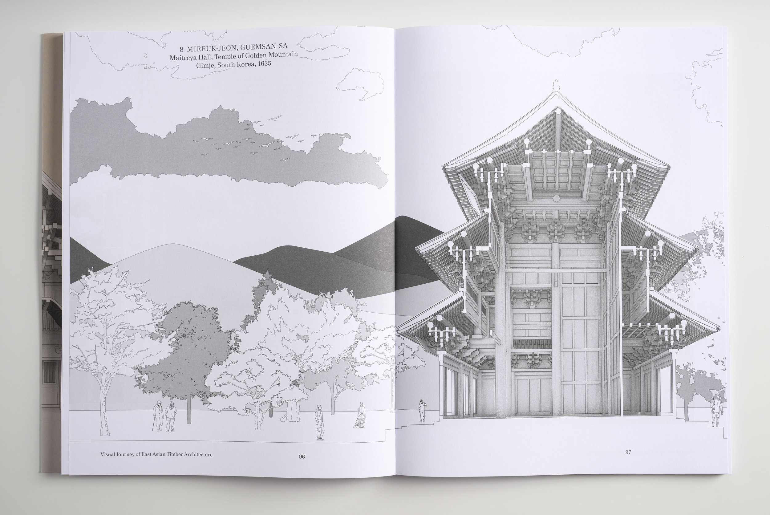 Open book showing architectural sketches of East Asian timber temples, with a map of South Korea and a detailed drawing of a temple's roof on the right page.