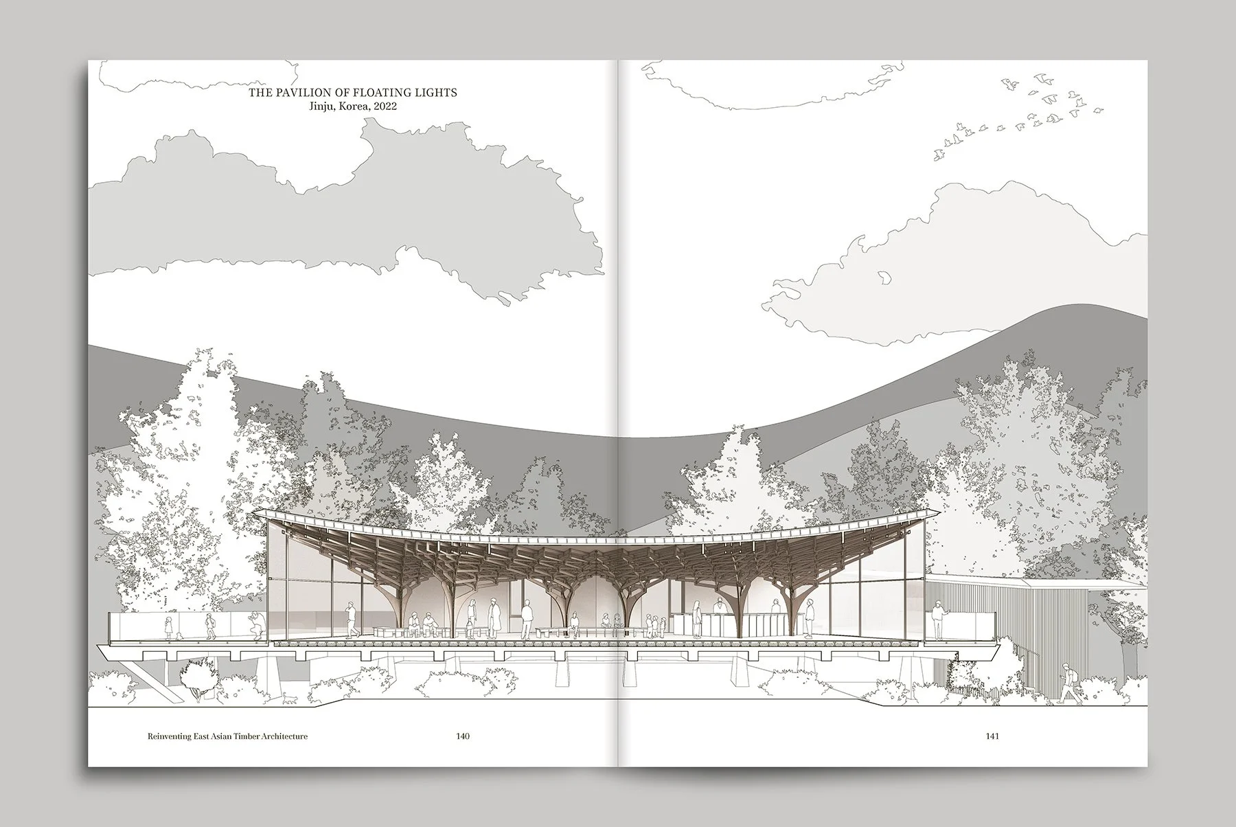 A black and white architectural drawing of a pavilion with a curved wooden roof supported by columns, set against a landscape with trees, hills, and distant islands, labeled "The Pavilion of Floating Lights," located in Jinju, Korea, 2022.