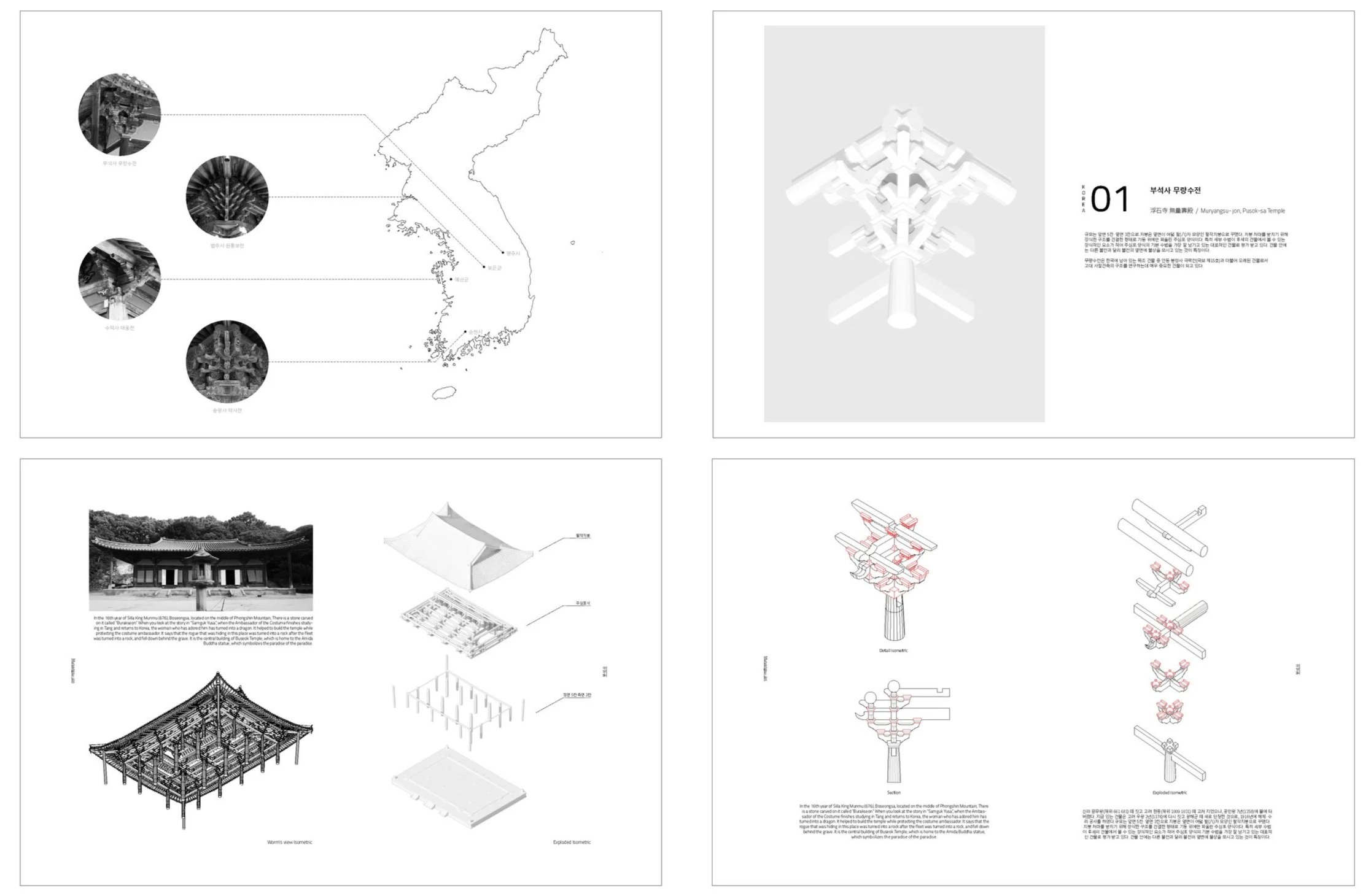 Blueprint and architectural diagrams of a traditional Korean temple structure, including close-up photos of detailed wooden construction and a map pinpointing the location.
